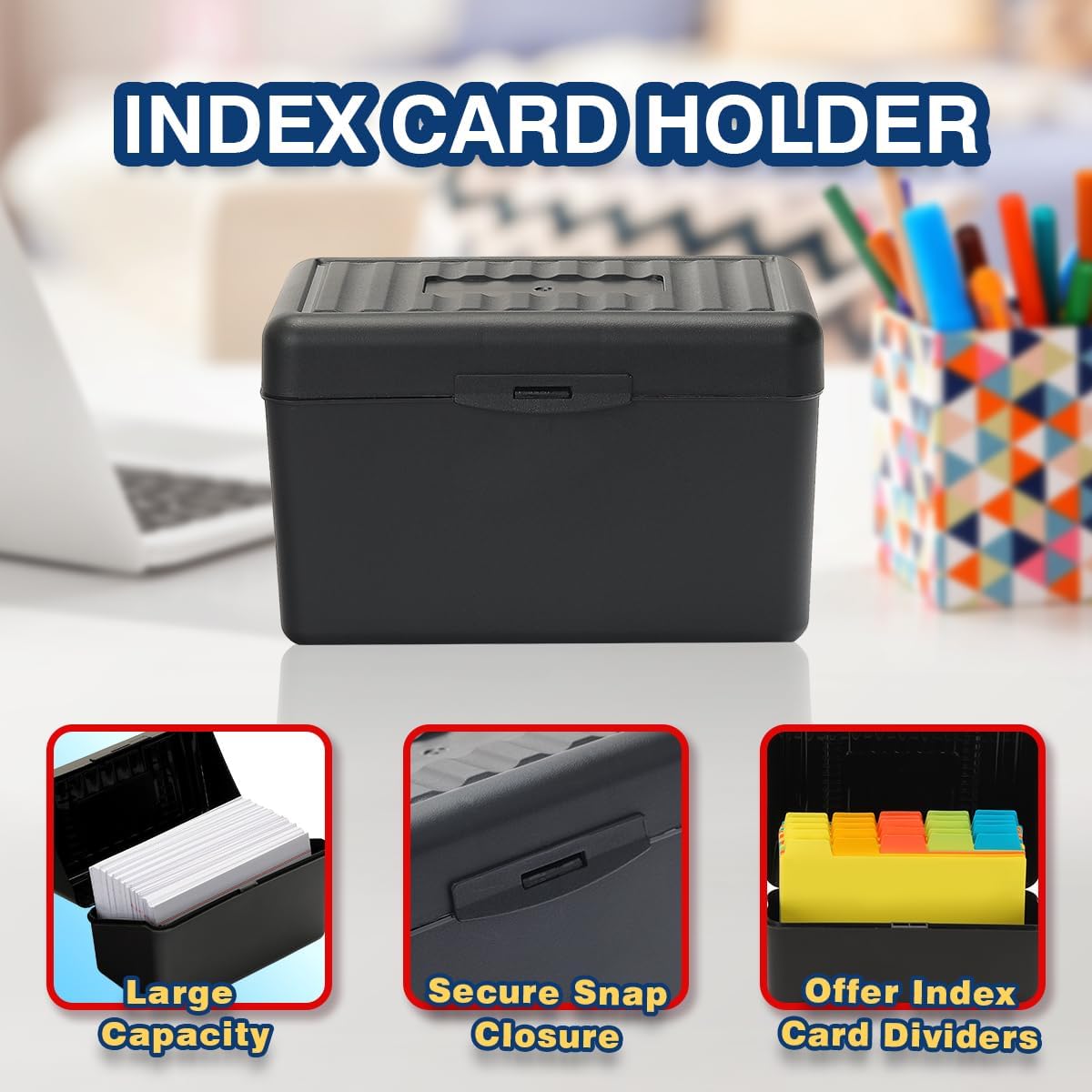 H4D Index Card Holder 3x5 Inches with 25 Plastic Dividers, Black