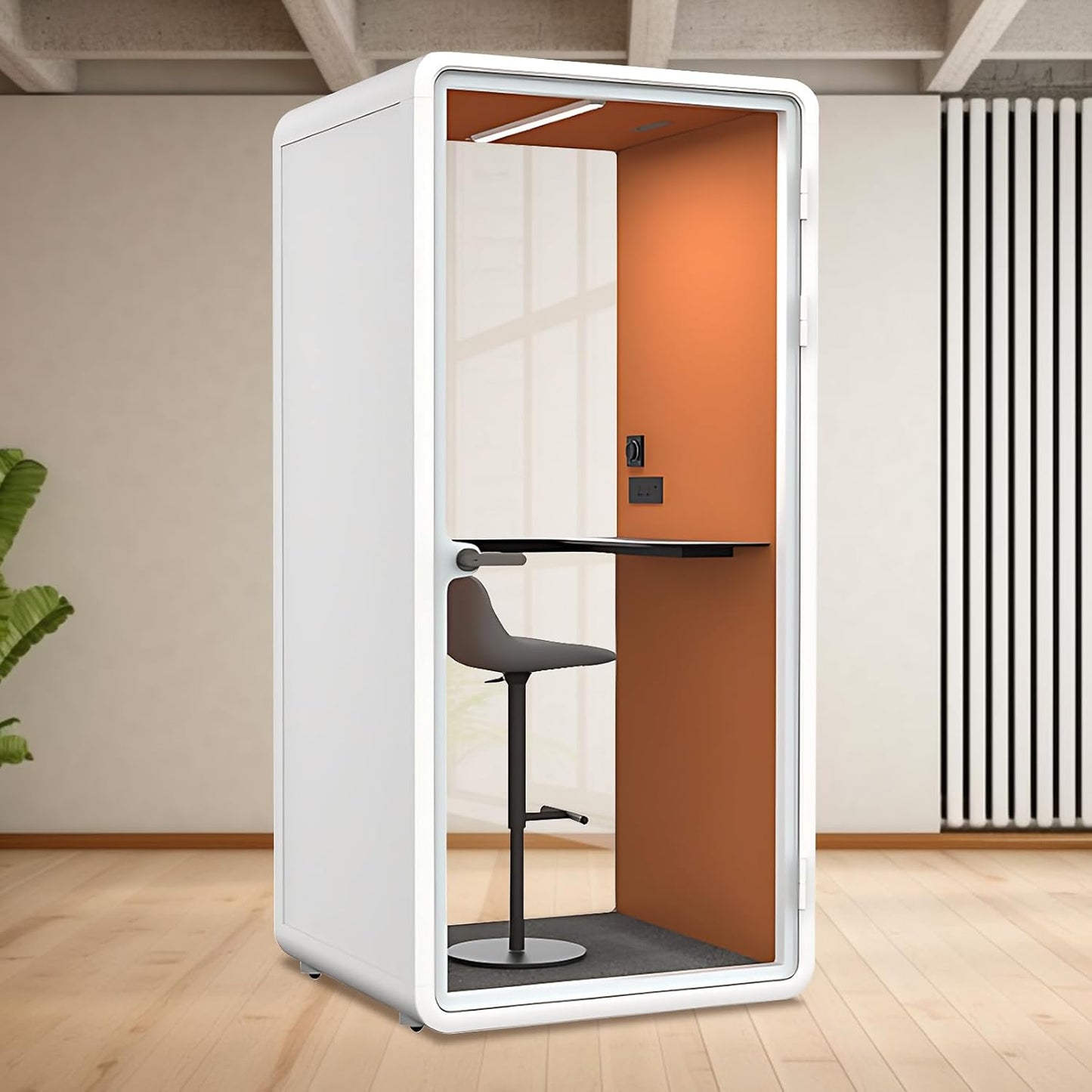 Office Sound Booth with Audio Privacy - Portable Soundproof Pod with Orange Interior,Phone Pod with Light,Ventilation,Socket for Phone,Singing,Work