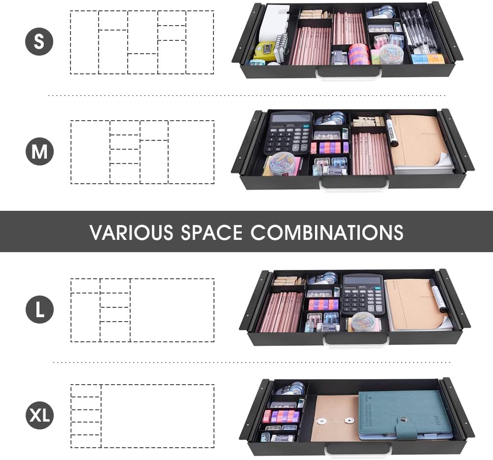 GOME Large Size Under Desk Slide out Pencil Drawer with Adjustable Space Divider Design for Storing Pencil and Office Accessories, Underdesk Pull out Tray Organizer Mounted for Sit Stand Workstation