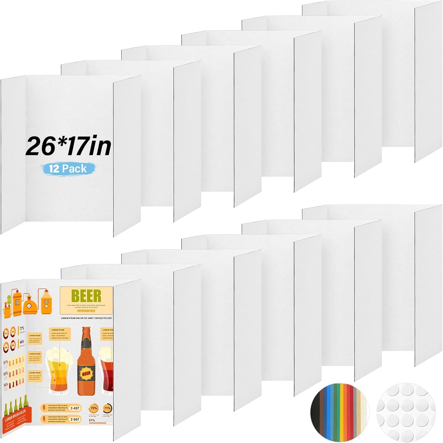 12 Pcs Trifold Poster Board, 26x17 inches White Poster Board Comes with Sticky Accessories, Corrugated Presentation Boards, Display Board for School Projects, Business Presentations