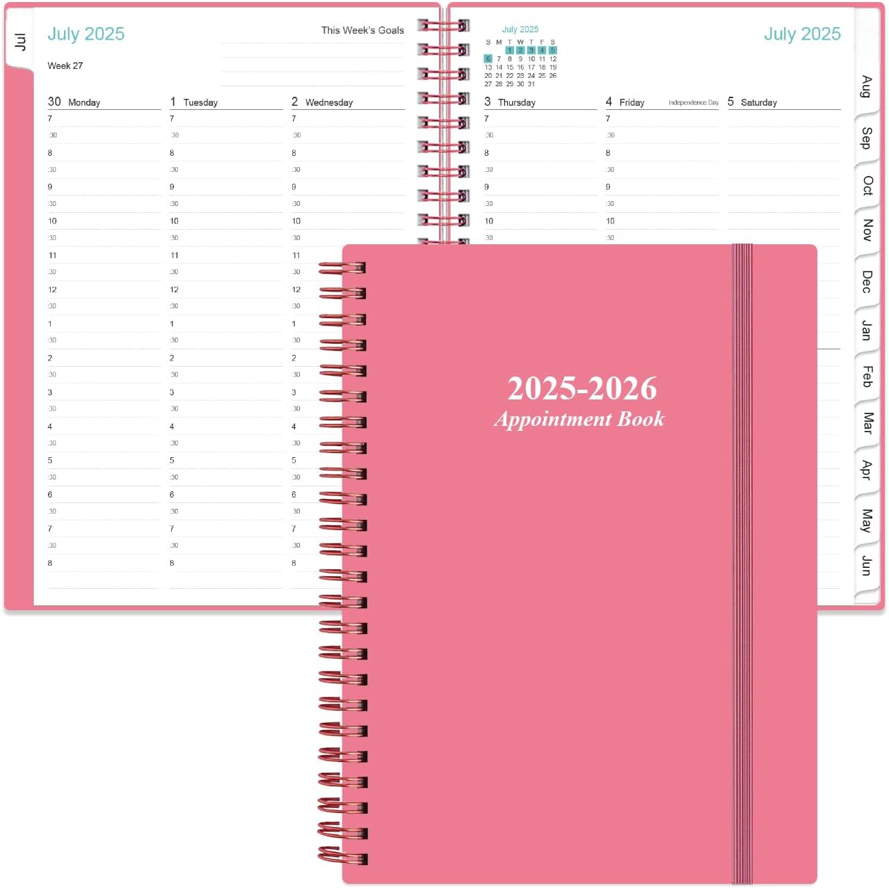 2025-2026 Appointment Book & Planner - Hourly Planner from July 2025 - June 2026, Weekly Appointment Book 2025-2026 with 30-Minute Interval, 6.4" x 8.5", Pink
