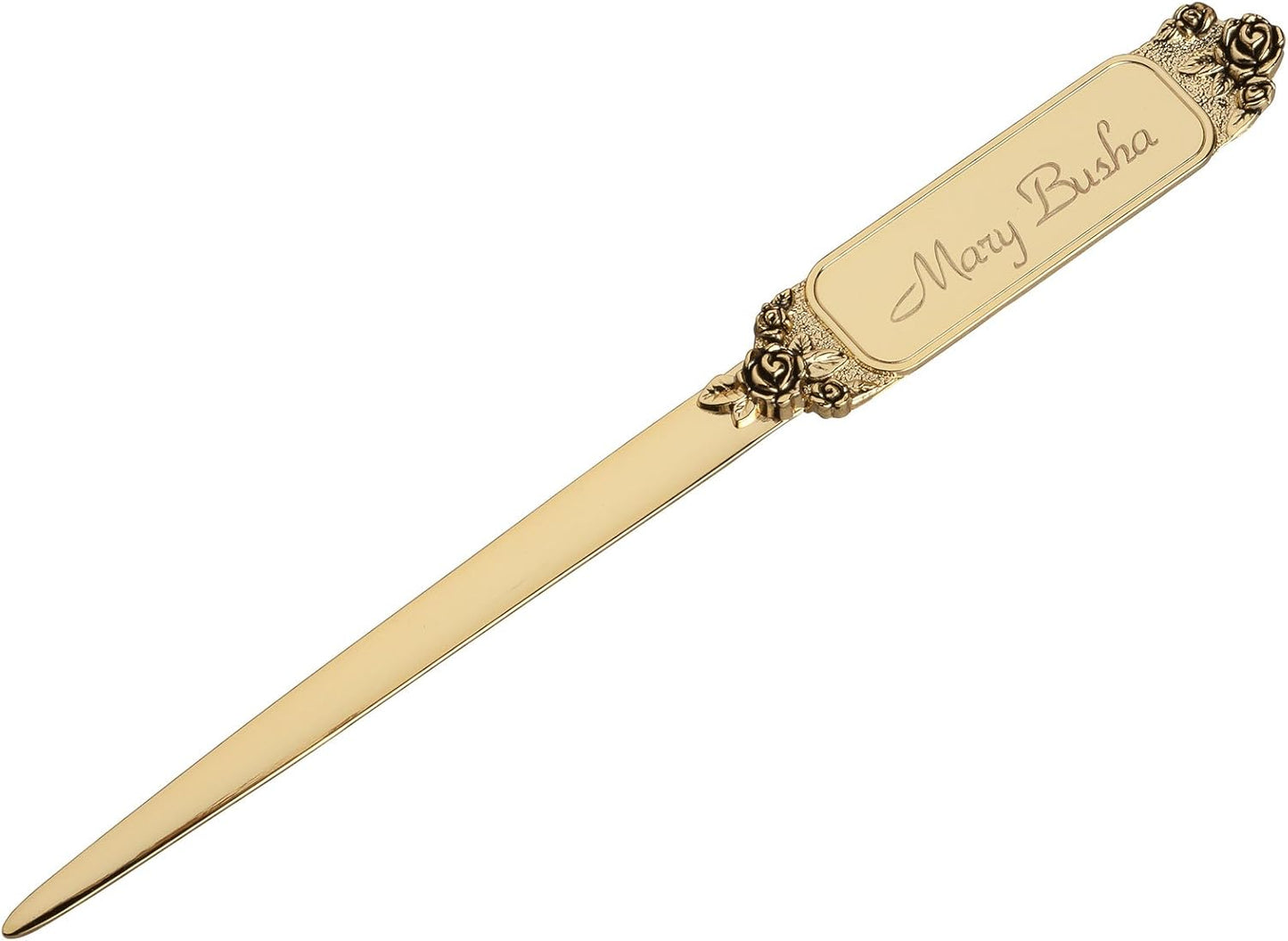 Personalized 24K Gold Plated Letter Opener Knife – Antique Golden Rose Design - Flat Ergonomic Handle for Comfort – Desk and Office Supplies