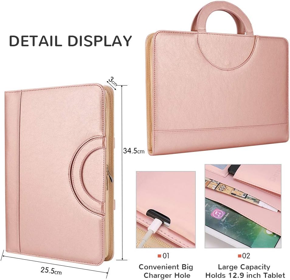 Darolin Zippered Leather Padfolio Portfolio with [Hidden Handle] and [Clipboard], Business Conference Portfolio Organizer Notepad Folder, Padfolio for Women/Men (Rosegold)