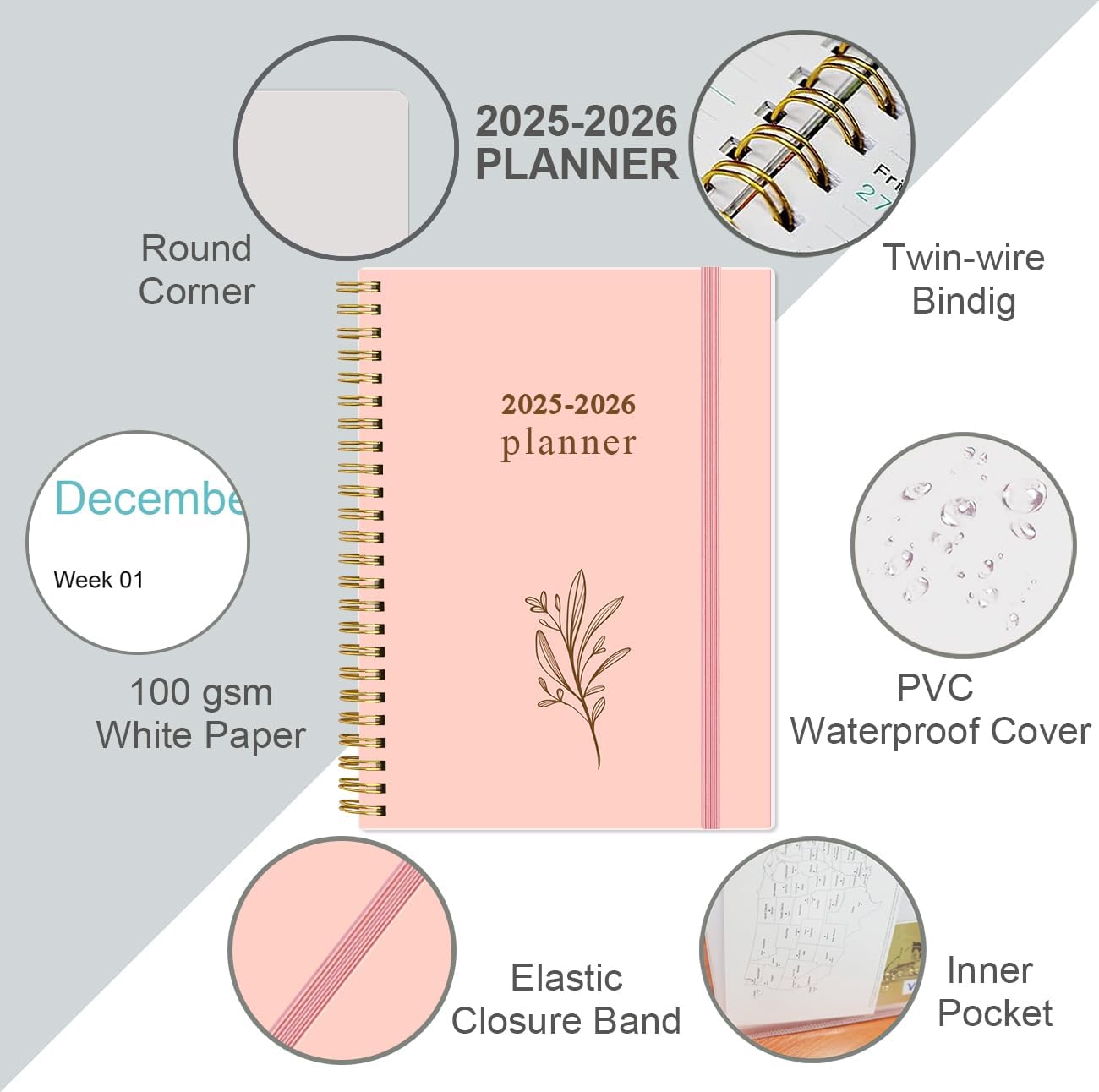 2025-2026 Planner - Academic Planner 2025-2026 from July 2025 - June 2026, Weekly & Monthly Planners Spiral Bound with 12 Monthly Tabs, Inner Pocket, 6.4" x 8.5", Pink