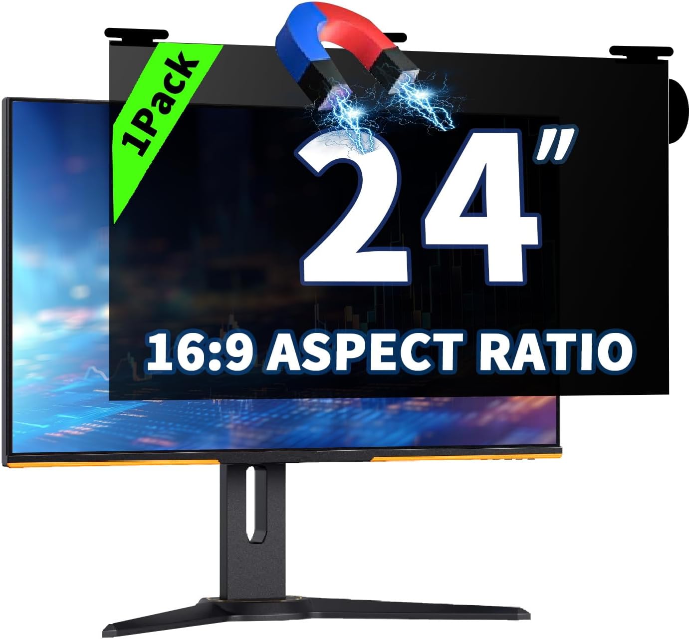 24 Inch Magnetic Hanging Computer Privacy Screen for 16:9 Widescreen Monitor, Removable Privacy Screen Anti Glare Blue Light Computer Screen Privacy Shield, Anti-Scratch 24in Protector Film