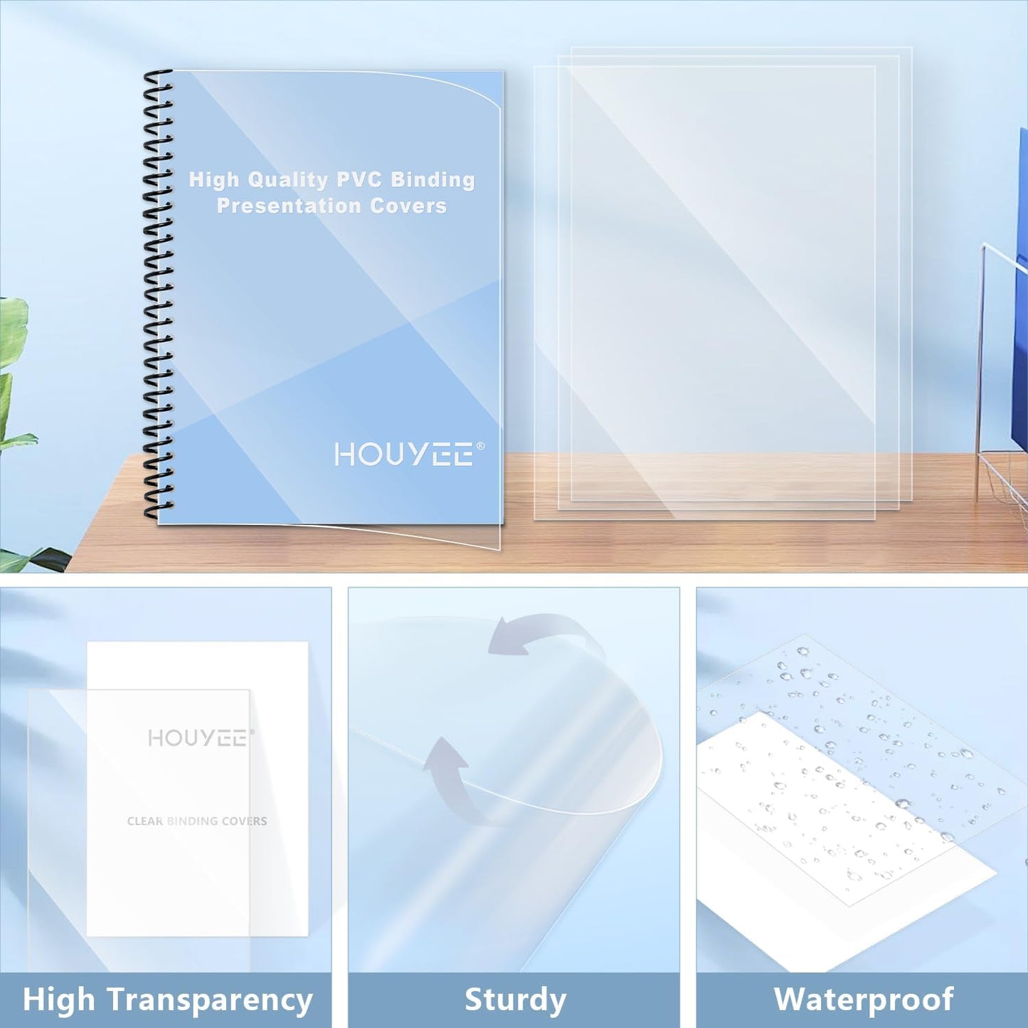 HOUYEE 200 Pack 4.5 Mil PVC Binding Presentation Covers,Clear Report Covers,8.5x11 Inches,Letter Size