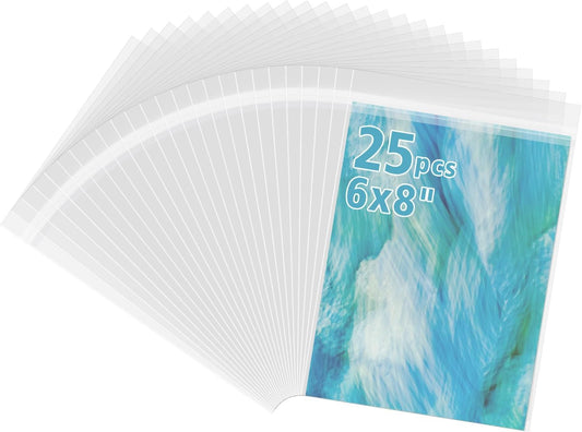 Frametory, 25 Pack 6 1/2" x 8 1/3" Acid-Free Clear Plastic Bags, Self Seal Crystal Photo Sleeves for 6X8 Art Prints, Pictures & Framing Mat Mattes
