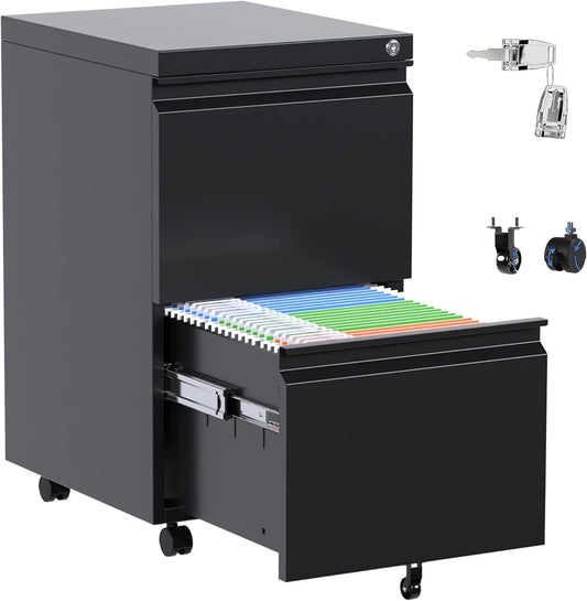 Aobabo Metal 2 Drawer Mobile File Cabinet with Lock, Under Desk Office Steel Filing Cabinet, 25.6''H Legal/Letter Size, Black, Fully Assembled Except Wheels