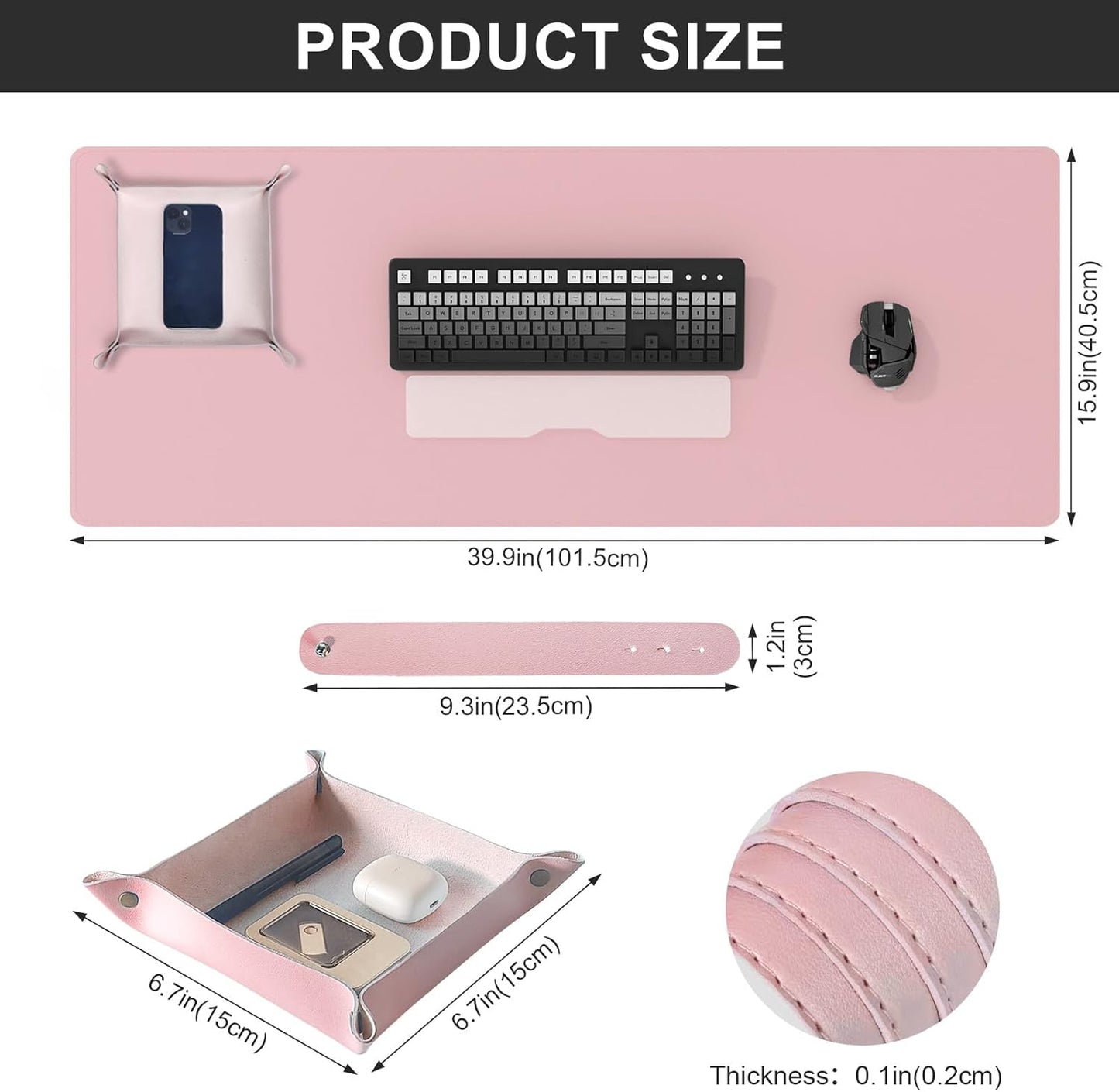 DAWNTREES Pink Desk Mat,Leather Desk Pad,40"x16",Cork Desk Mat Protector,with PU Leather Valet Tray Organizer,Large Mouse Pad,Desk Writing Pad for Office and Home