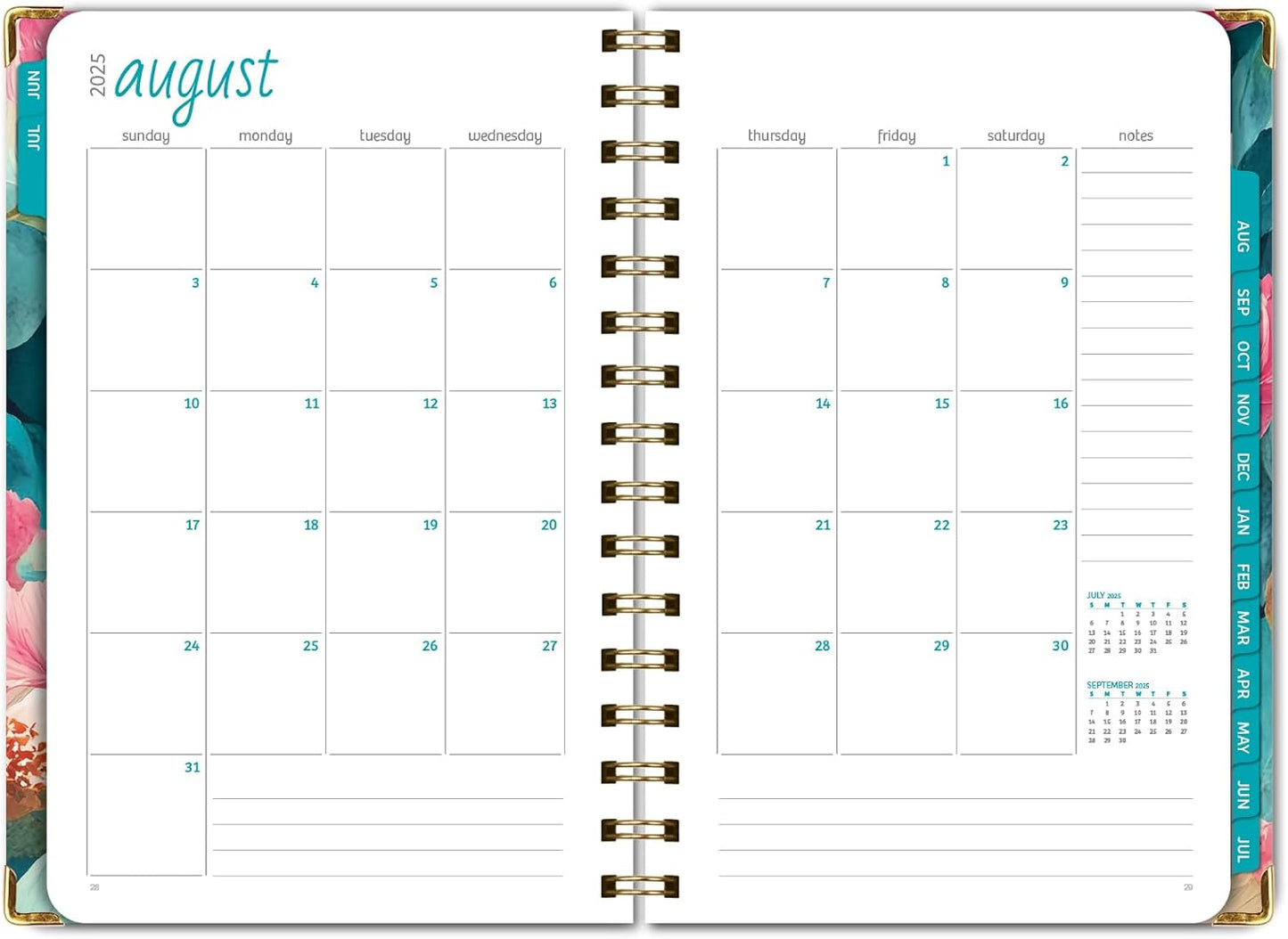 HARDCOVER Academic Year 2025-2026 Planner: (June 2025 Through July 2026) 5.5"x8" Daily Weekly Monthly Planner Yearly Agenda. Bookmark, Pocket Folder and Sticky Note Set (Teal Floral)
