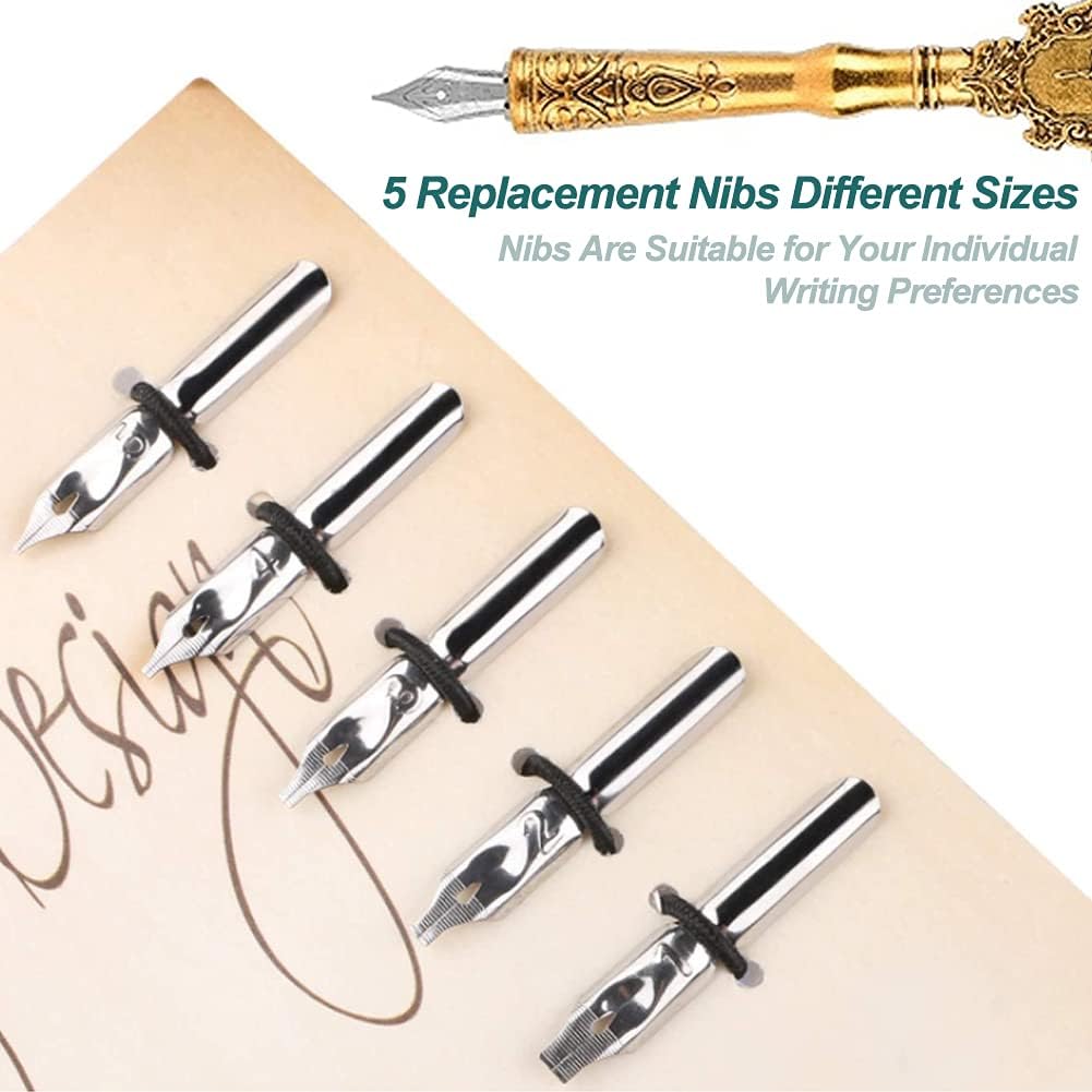 Retro Classical Dip Writing Pen,European Fountain Pen,5 Replacement Luxury Dip Pen Nips,Pen Stand Base,Writing Pen Ink Bottle Set Gift Box for