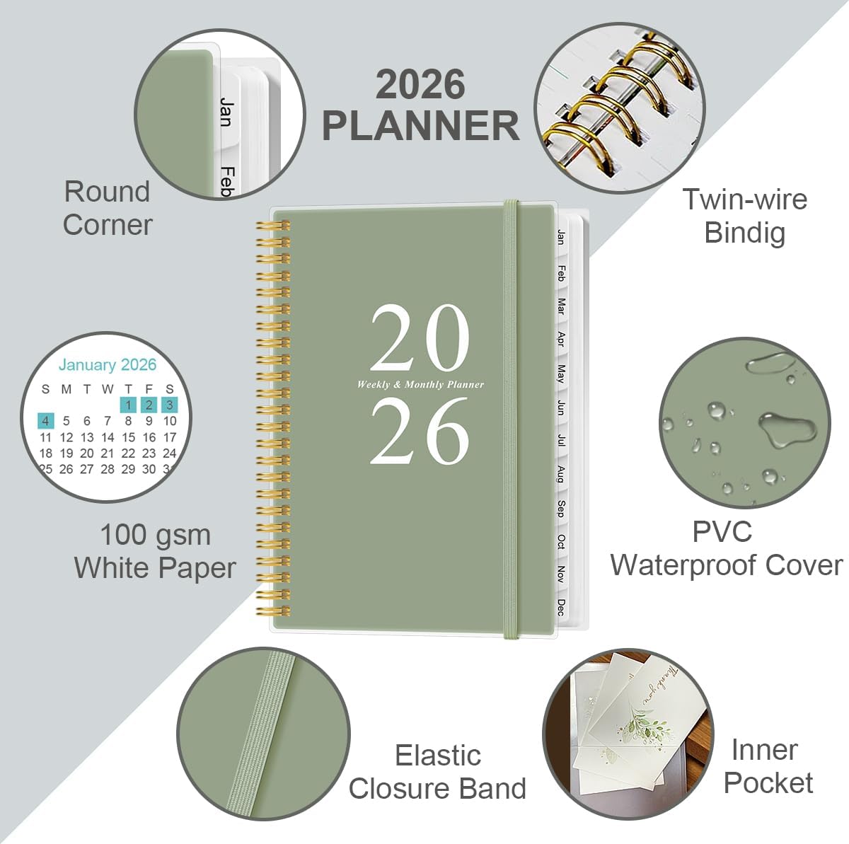2026 Planner - A5 Weekly & Monthly Planners Spiral Bound, January 2026 - December 2026, 2026 Planner with Flexible Cover, Tabs, Inner Pocket, 6.4" x 8.5", Teal