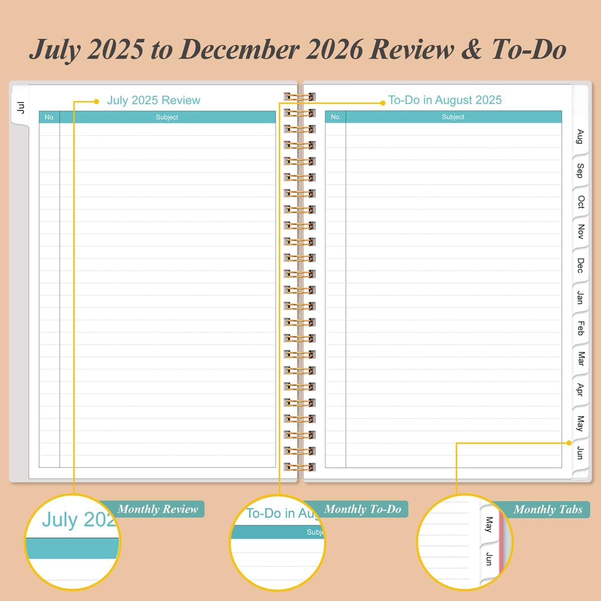 2025-2026 Monthly Planner - July 2025 - December 2026, Two Pages Per Month, 18 Monthly Calendar/Planner with Tabs, Strong Twin-Wire Binding, Inner Pocket, 6.4" x 8.5", Rose Leaf