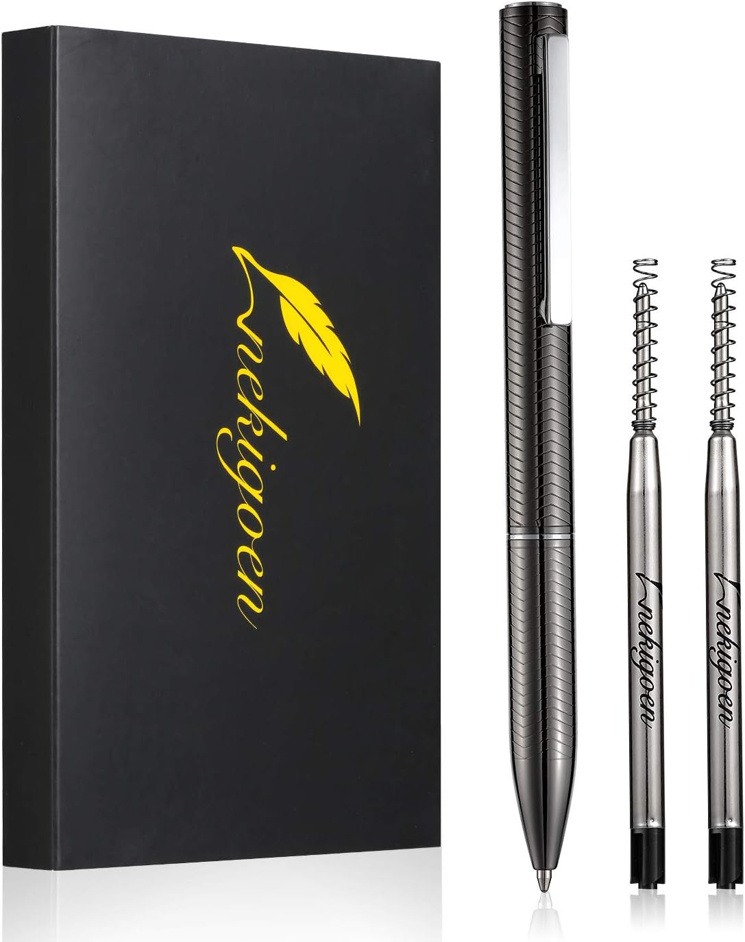 Ballpoint Pen with Gift Box for Men Women,Luxury Stainless Steel Retractable Pen Executive Home Office Use, and 2 Extra Refills Black Ink 1.0mm B2 (Dark Gray)