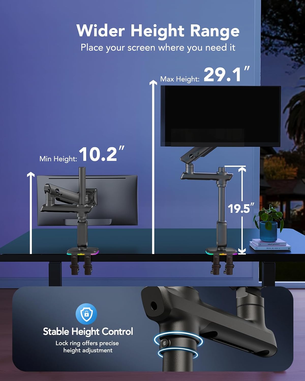 HUANUO RGB Heavy Duty Monitor Arm for Ultrawide Screens up to 57", Holds 44 lbs, Tall Ultrawide Monitor Stand with 29.1" Max Height, Fully Adjustable Single Computer Desk Mount, Max VESA 100x100mm