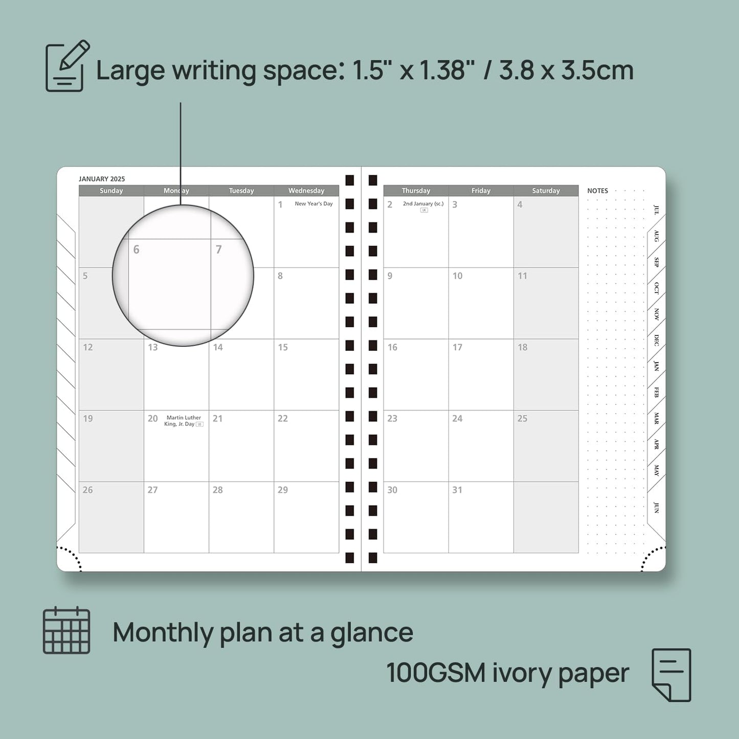 POPRUN Planner 2025-2026 (Medium - 6.5'' x 8.5'') Academic Weekly Calendar (July 2025 - June 2026) with Hourly Time Slots, Monthly Tabs, 100GSM Thick Papers, Spiral Leather Cover - Green