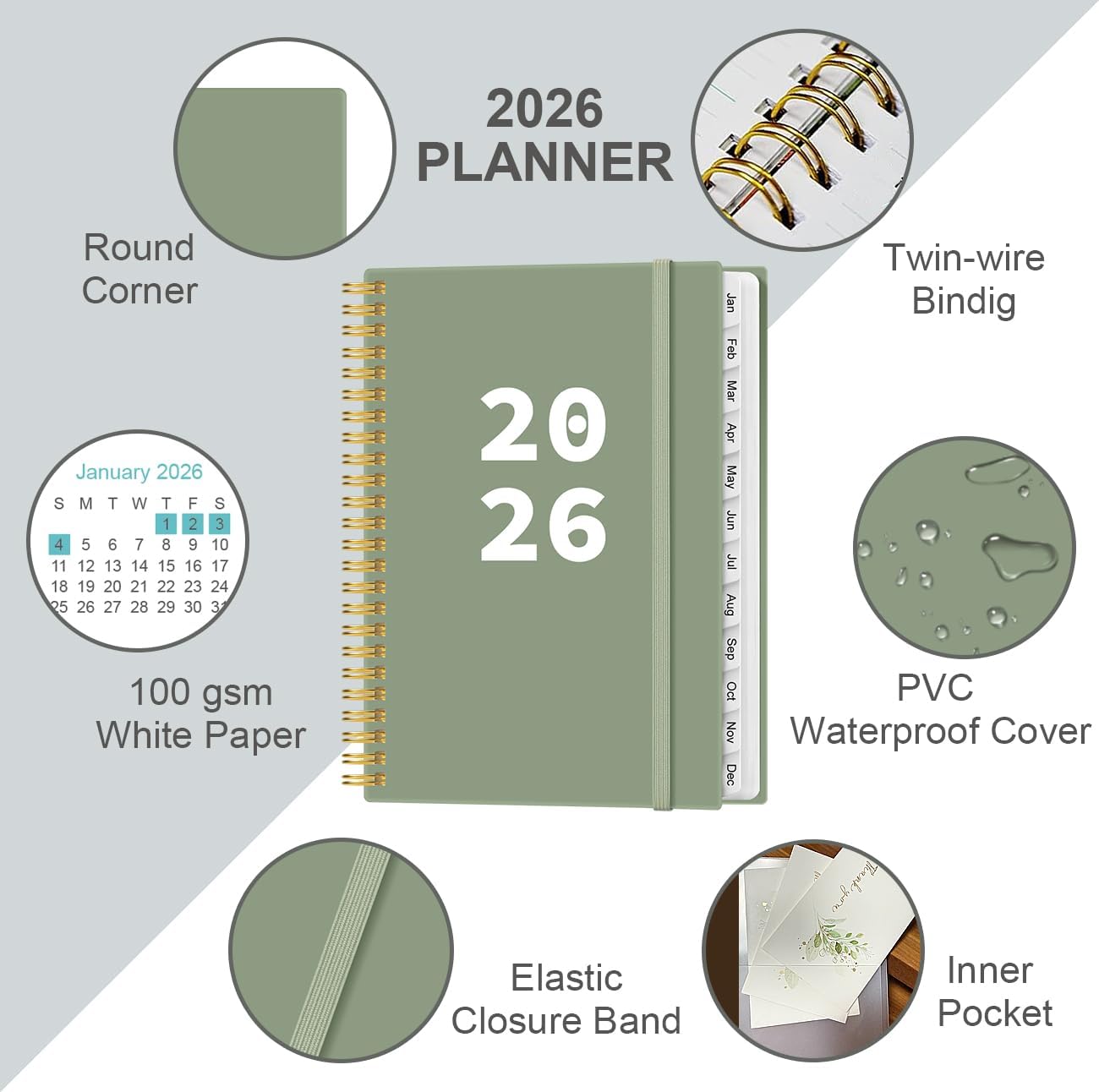 2026 Planner - Planner 2026 from January 2026 - December 2026, Weekly & Monthly Planner Spiral Bound with 12 Monthly Tabs, Inner Pocket, 6.4" x 8.5", Green-A