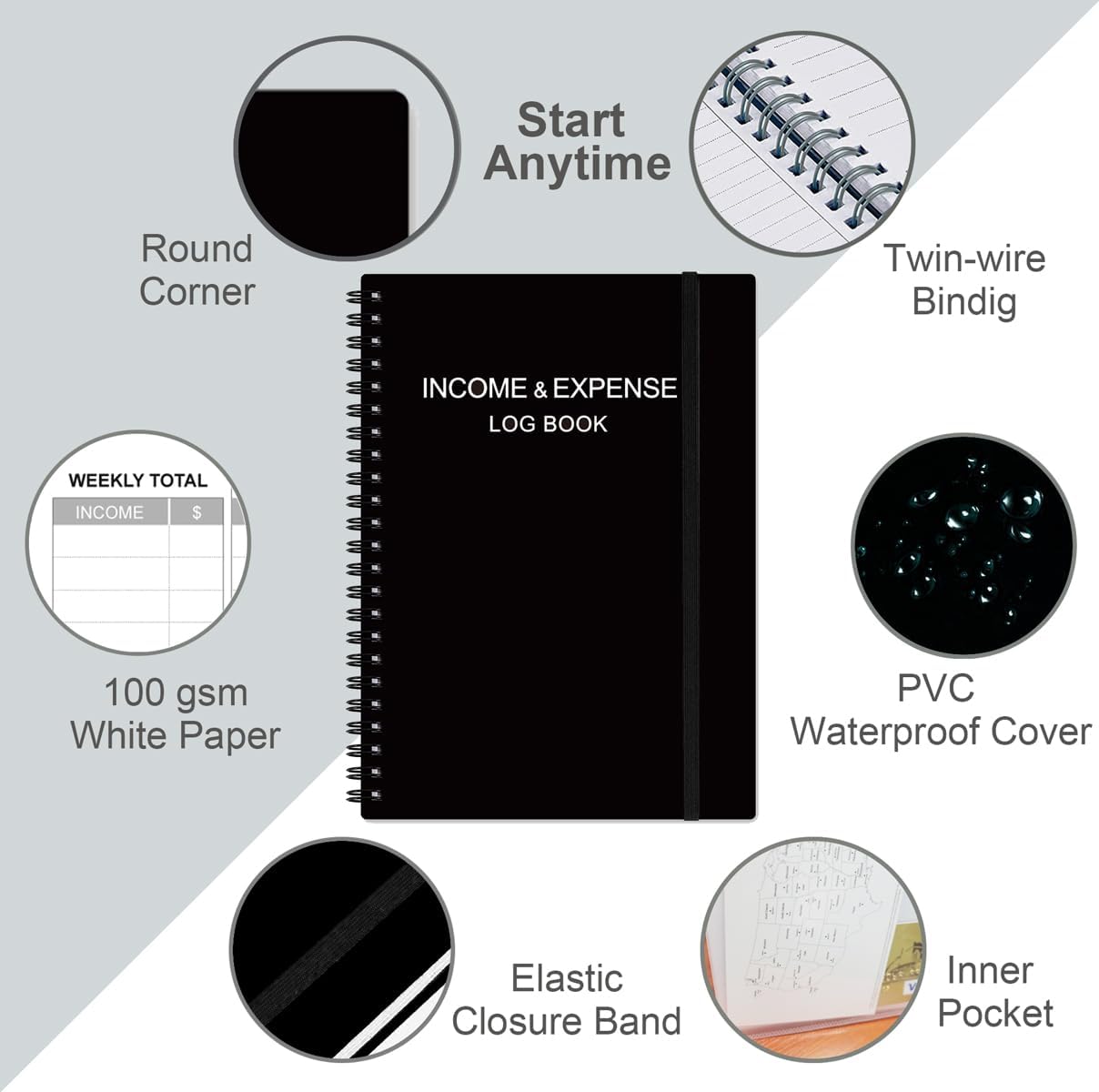 Heveboik Income & Expense Log Book - A5 Income and Expense Tracker for Small Business, Accounting Bookkeeping Tracking for Woman and Man, 5.8" x 8.3", Black