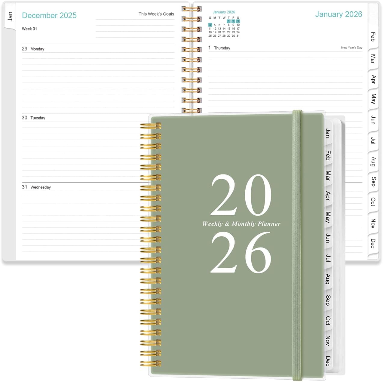 2026 Planner - A5 Weekly & Monthly Planners Spiral Bound, January 2026 - December 2026, 2026 Planner with Flexible Cover, Tabs, Inner Pocket, 6.4" x 8.5", Teal
