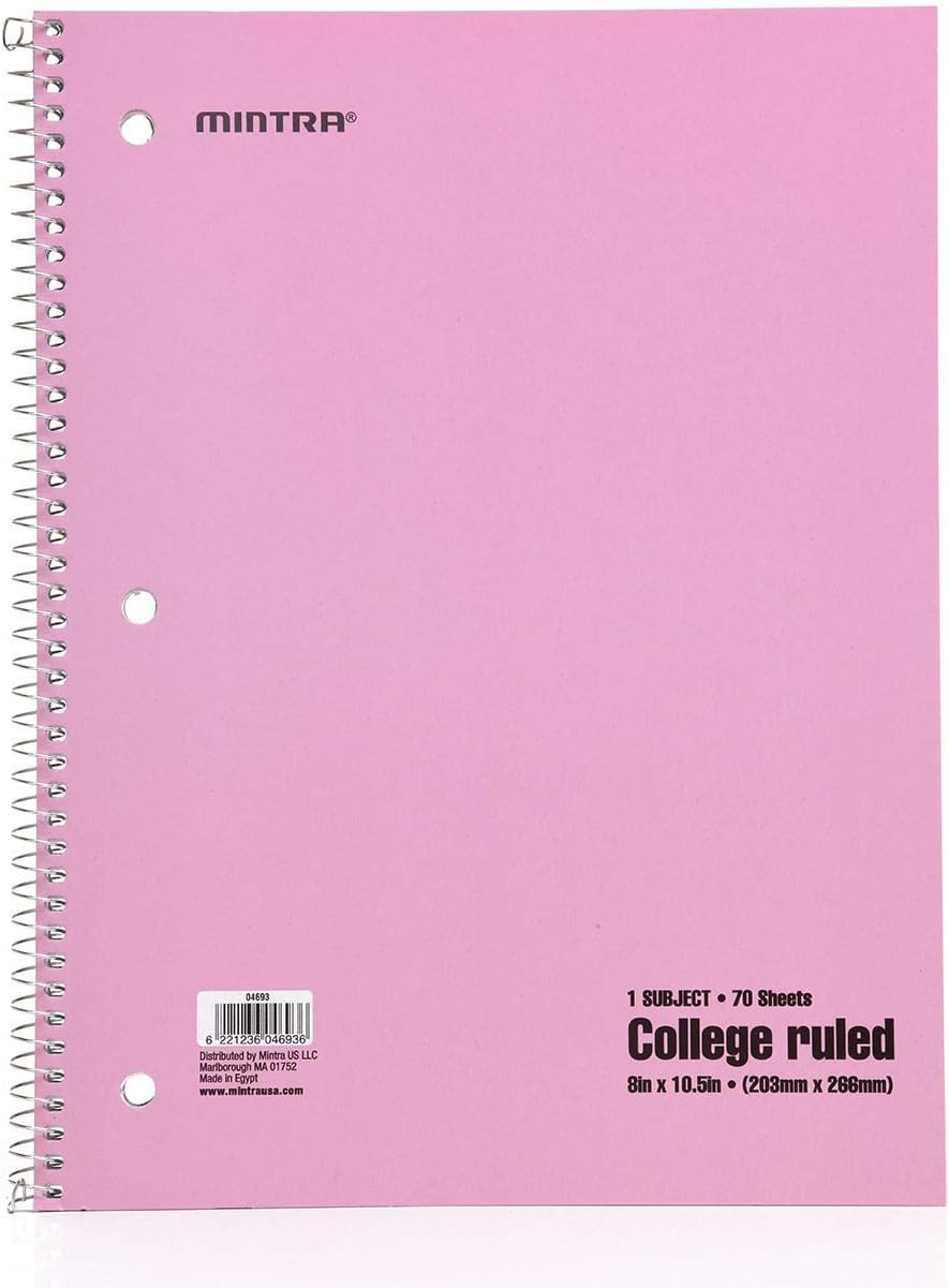 Mintra Office Spiral Notebooks - 1 Subject, 70 Sheets, College Ruled, 8in x 10in, Bulk Pack, Pastel Covers, Set of 6 - for School, Office, Business, Professional (04693)