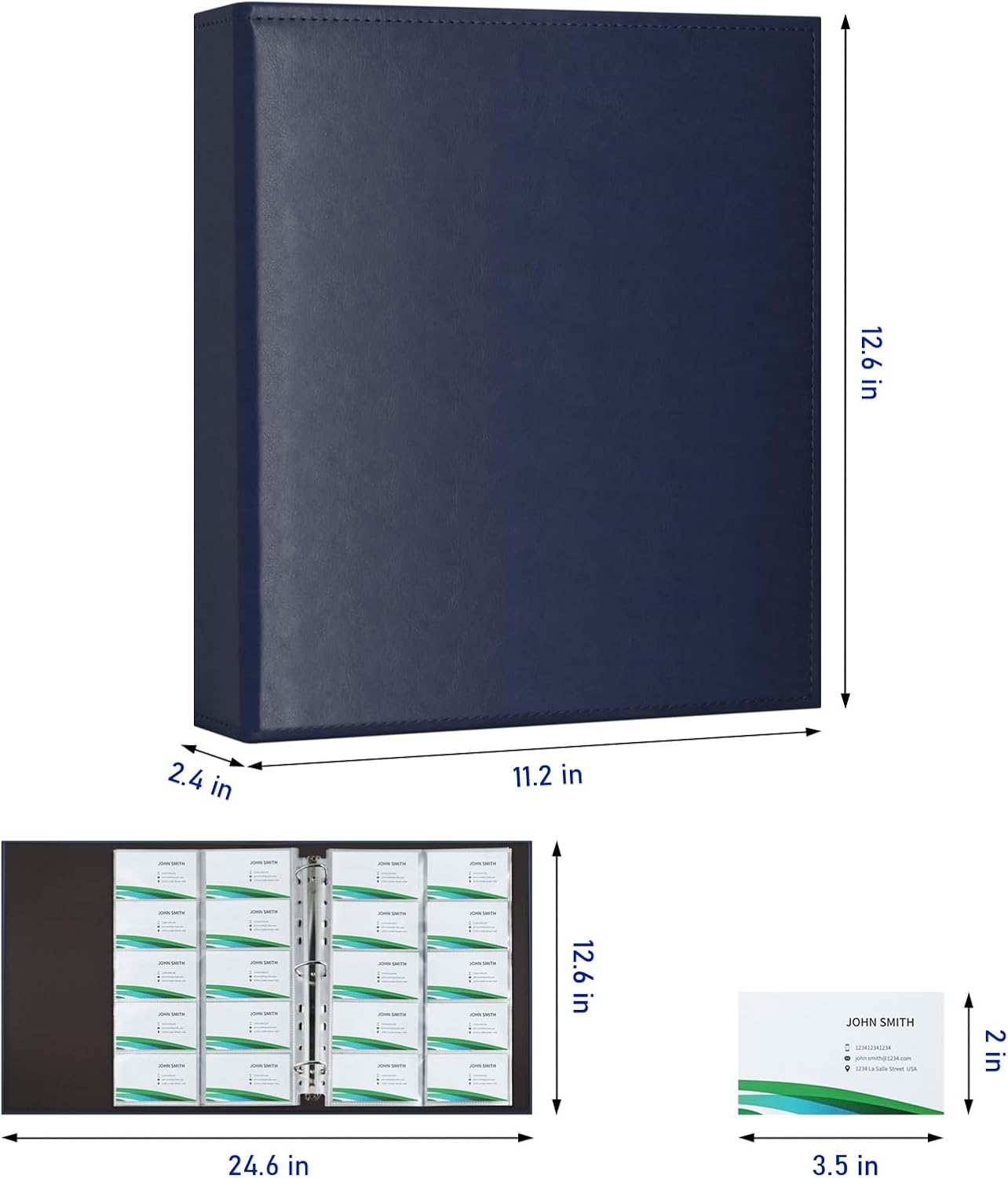 BYSTER A4 Business Card Book, PU Leather Organizer with 30 Pack Sleeves (600 Pockets), Business Card Binder for Credit Cards, Membership Cards, and More - Blue