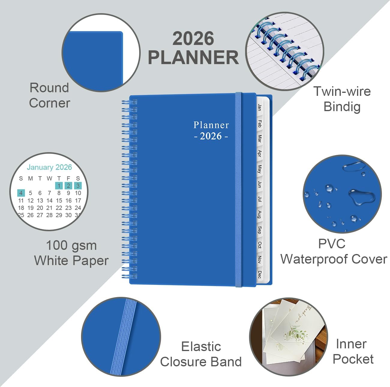 2026 Planner - Planner 2026 from January 2026 - December 2026, Weekly & Monthly Planner Spiral Bound with 12 Monthly Tabs, Inner Pocket, 6.4" x 8.5", Blue-E