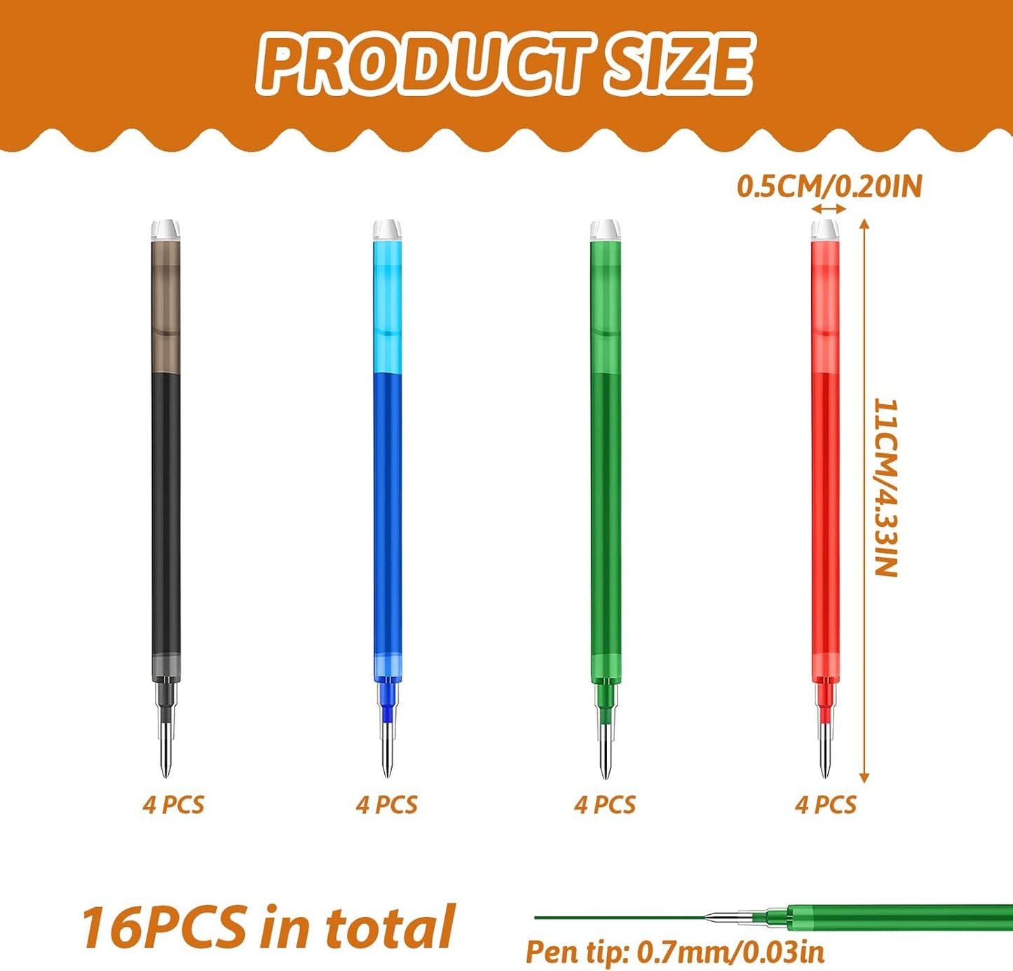 0.7 mm Erasable Gel Ink Pen Refills Compatible with Frixion Friction, Smooth Writing Multicolor Retractable Fine Point Pen Refill for School Office Home Art (4 Colors, 16)