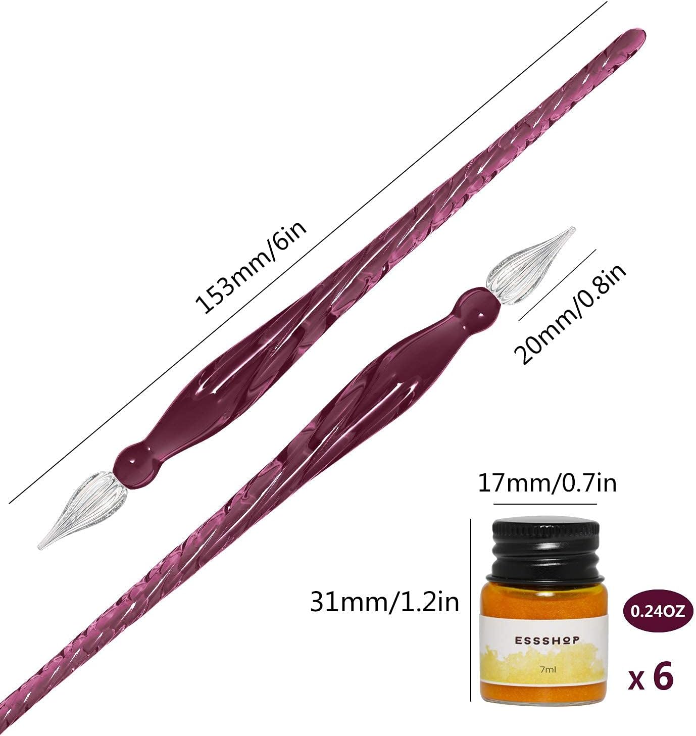 ESSSHOP Glass Pen Calligraphy Set - 3 Purple Crystal Dip Pens Color Ink and Pen Holder Art Supplies Kit for Signatures Beginners Journaling Lettering Drawing Holiday Gift Decoration