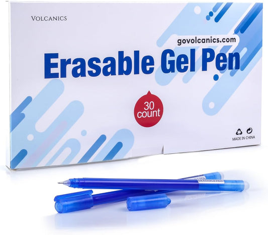 Volcanics Erasable-Gel-Pens Fine Point 0.5 mm, Blue, 30 Pack, Mistakes Dispear, Quick-Drying Ink, No Smudge - Perfect for School, Office, and Home Use