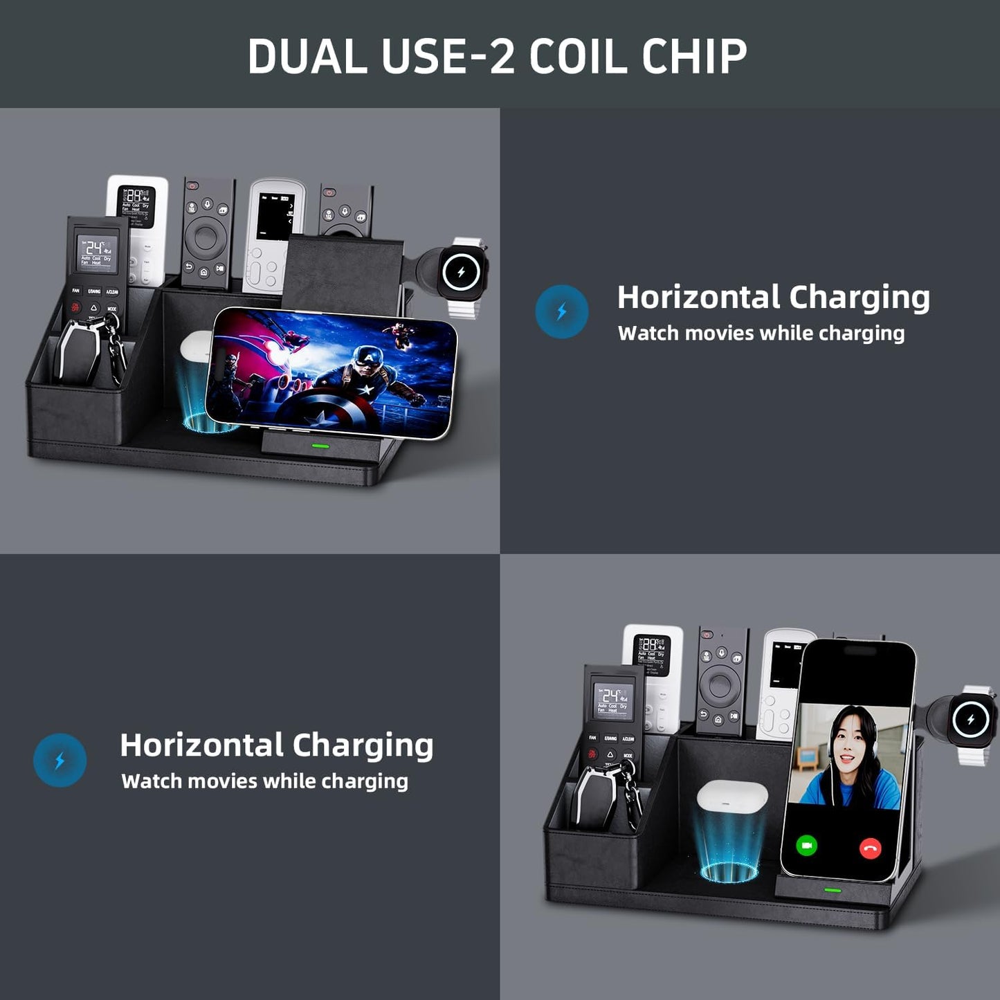 GORESE Leather Desk Organizer with Charging Station, 4 in 1 Nightstand Organizers for Remote Control Pen Holder, Desktop Accessories Workspace Organizers for Office Supplies