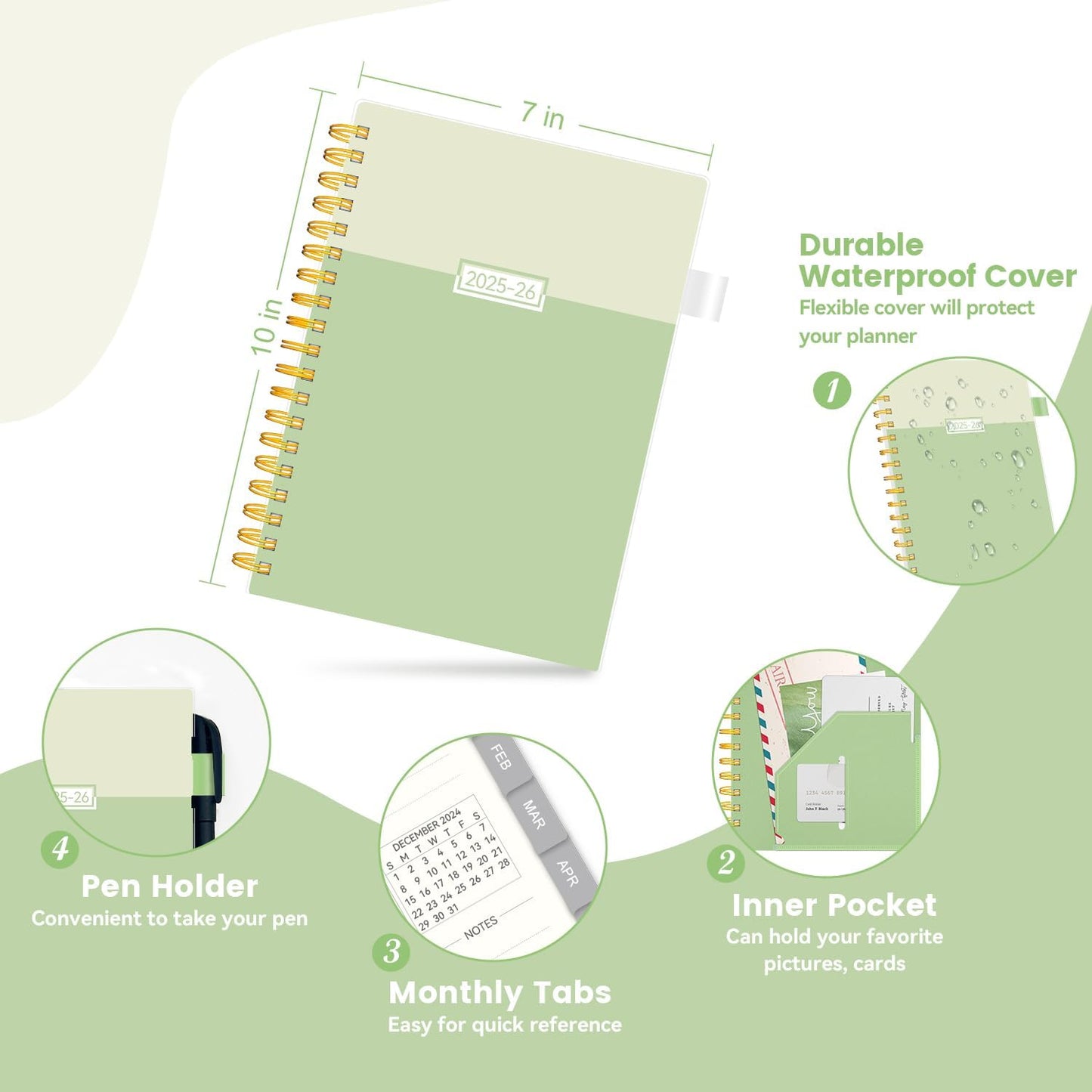 Planner 2025-2026, Academic Planners for Teacher & Student, AIMPEAK Weekly & Monthly Calendar Planner for Women, Daily Planners run from Jul.2025 - Jun.2026, Monthly Tabs, Green, 7"x10"