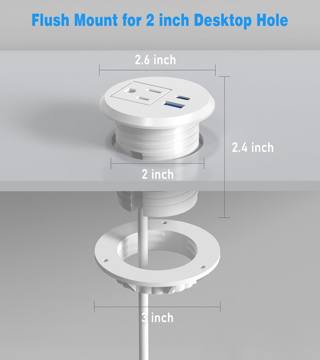 2 inch Desk Power Grommet Outlet, Recessed Power Outlet with 20W USB-C Fast Charging, for Conference Rooms, Office Tables, Furniture, 6FT Cord(ETL Listed)