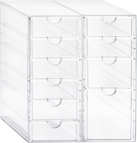 Prsildan Acrylic Drawer Makeup Organizer with 10 Drawers, Set of 2 Office Desk Organizers Accessories, Clear Stackable Storage Drawers for Vanity, Countertop, Craft, Jewelry, Art Supply Organization