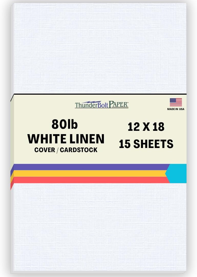 15 White Linen 80# Cover Paper Sheets - 12" X 18" (12X18 Inches) Large|Poster Size - 80 lb/pound Card Weight - Fine Linen Textured Finish - Quality Cardstock