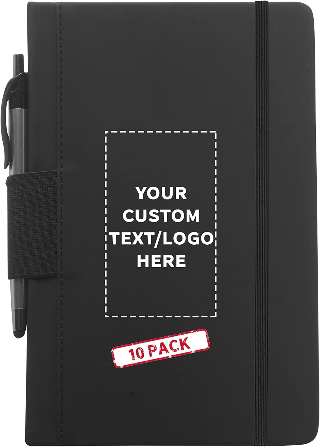 DISCOUNT PROMOS 10 Executive Notebooks with Pen Pack - Customizable Text, Logo - 6 x 8.5 inches, Recycled, Pen Loop, Closure Strap - Black