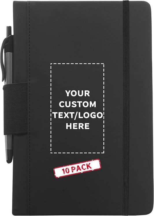 DISCOUNT PROMOS 10 Executive Notebooks with Pen Pack - Customizable Text, Logo - 6 x 8.5 inches, Recycled, Pen Loop, Closure Strap - Black