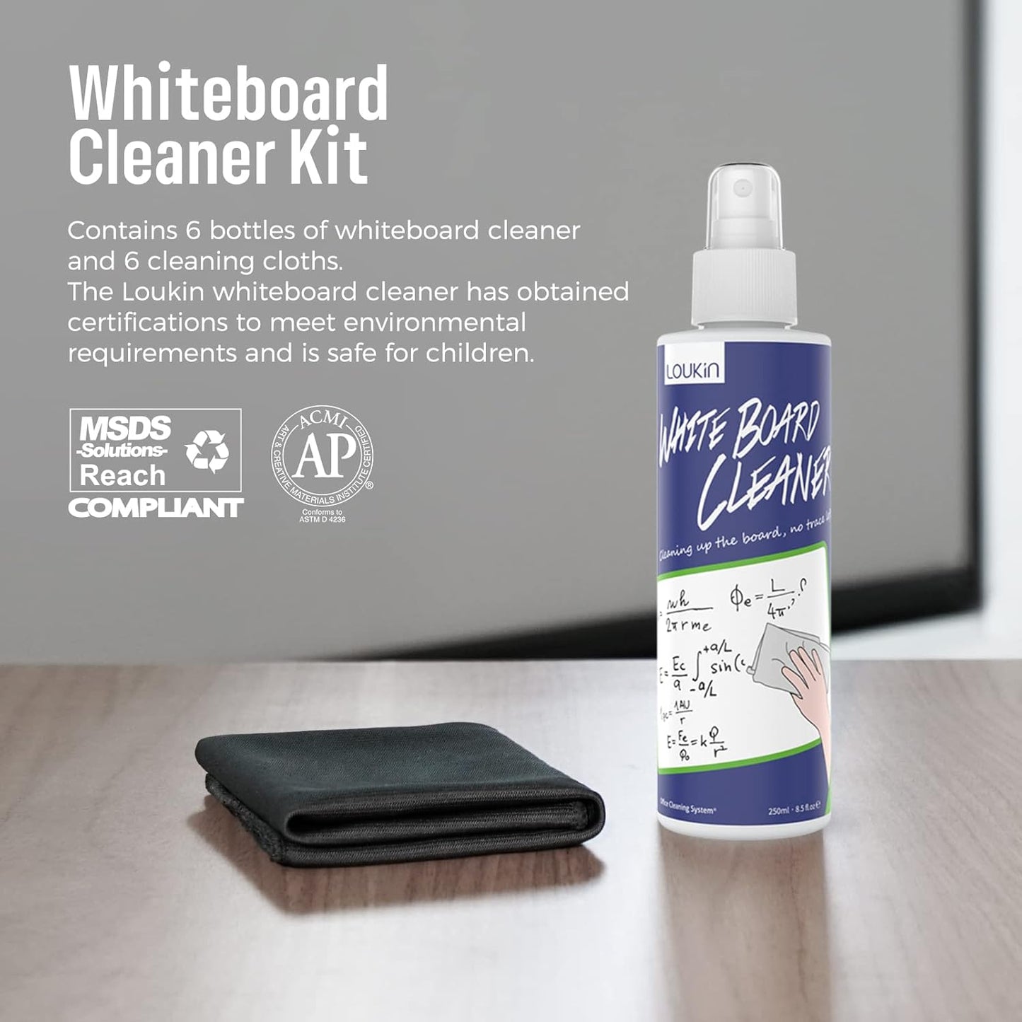 loukin Non-Toxic Whiteboard Cleaner, 8.5 fl oz Dry Erase Board Cleaner, Low-Odor Whiteboard Cleaning Spray with Cloths, Removes Stubborn Marks from Whiteboards, Chalkboard (6-Pack)