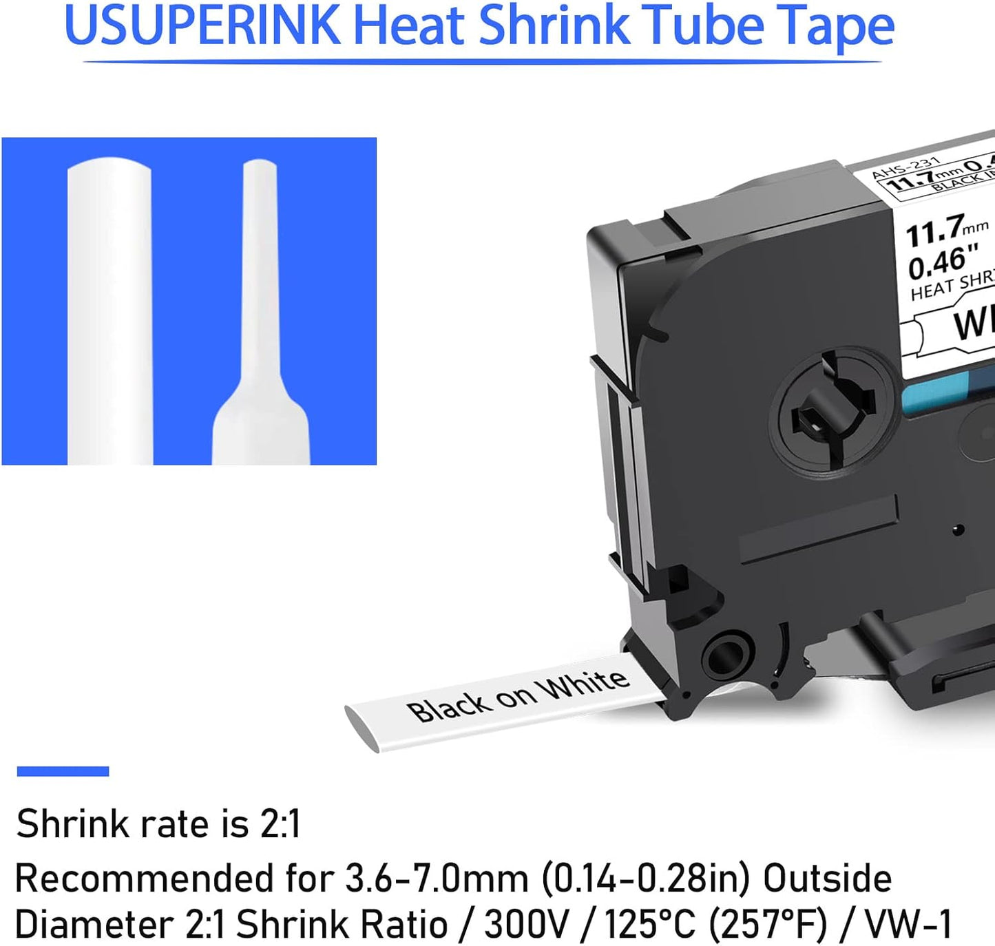 10PK Compatible for Ptouch HSe-231 HSe231 HS-231 HS231 Black on White 11.7mm 0.46'' Heat Shrink Tubing for Wire Cable for PT300 PT-300B PT310 PT310B PT320 Label Maker Tape
