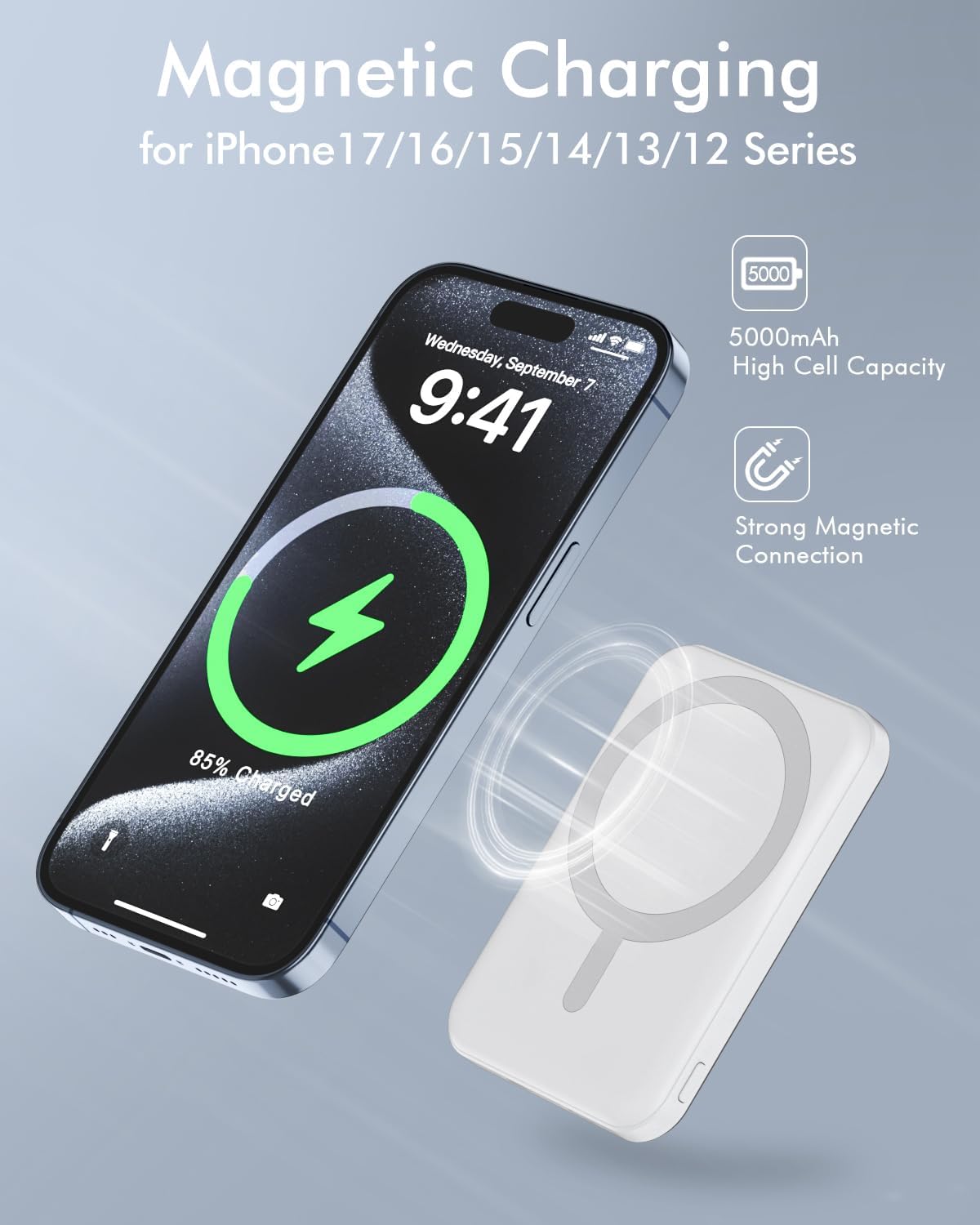 podoru for Magsafe Battery Pack, 5000mAh Magnetic Power Bank with Type-C Cable 20W PD Fast Charging Lighting Input Wireless Portable Charger for iPhone 17/16/15/14/13/12/ All Series-White