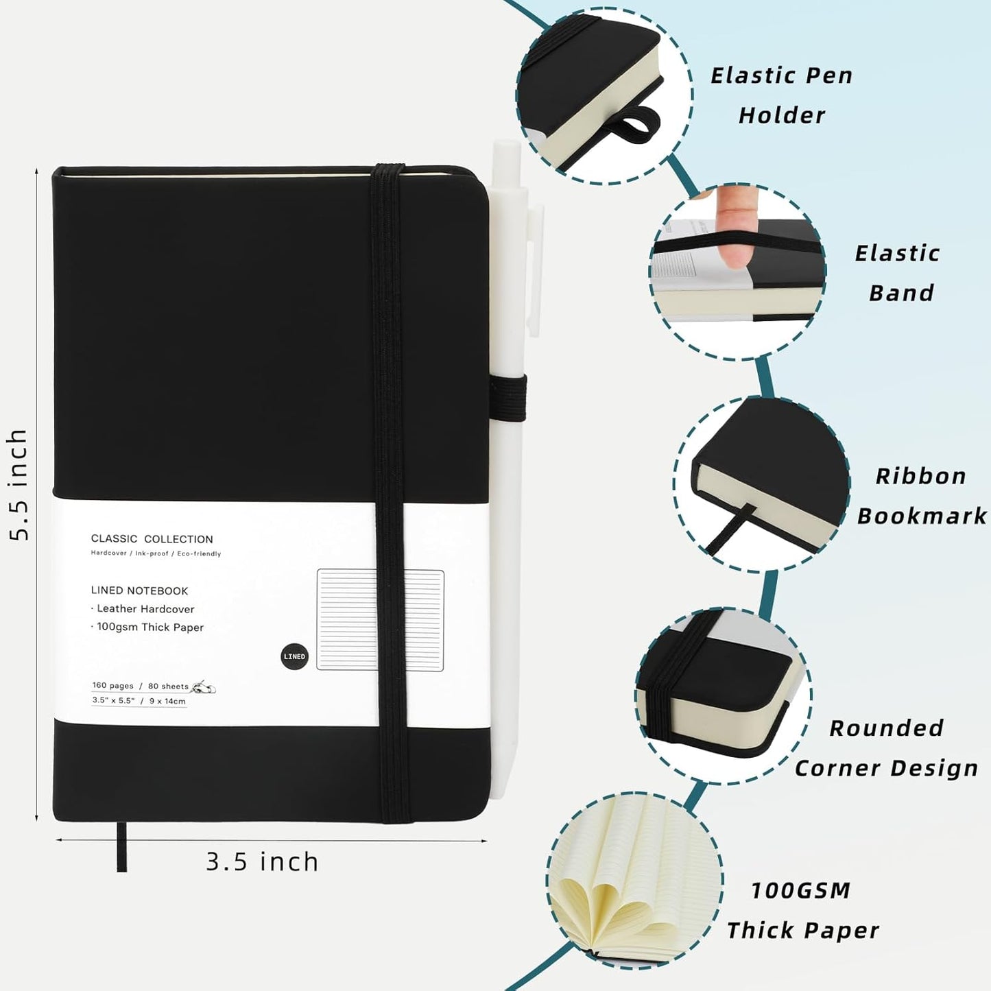 Coopay 6 Pack A6 Pocket Small Notebook with 6 White Pens Bulk Classic Hardcover Leather Journal Set with Pen Holder for Men Women Writing, Office, Home, School, Business, 100GSM, 3.5” x 5.5”, Black