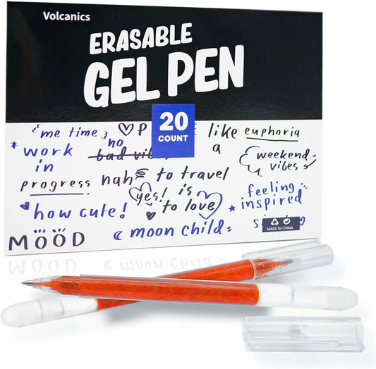 Volcanics Red Erasable Gel Ink Pens 20 Pack – Smooth Writing Heat Erasable Gel Pens with Cap, No Refill Needed, No Smudge, Perfect for School, Office, Journaling, Note Taking, Drawing