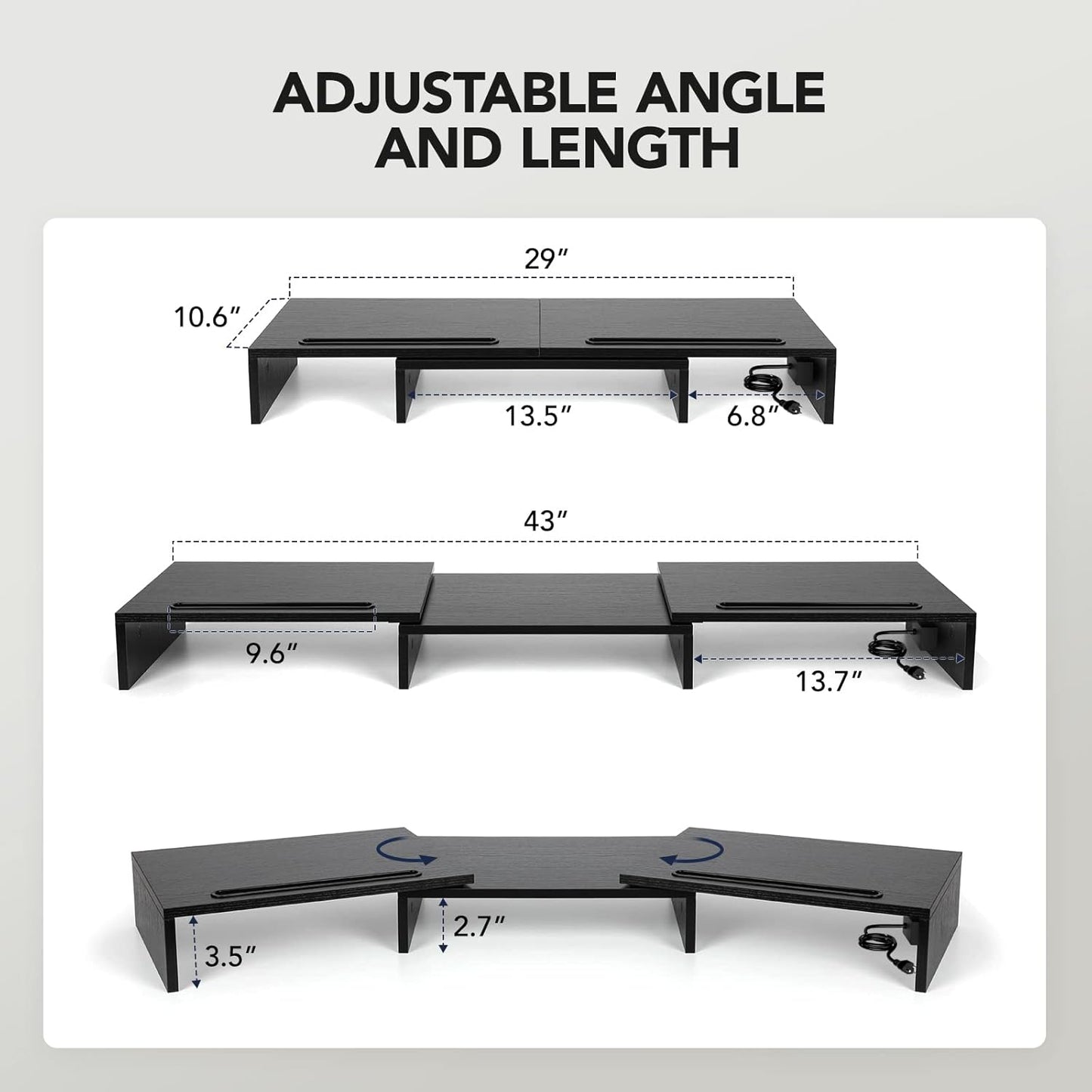 HUANUO Dual Monitor Stand -Monitor Stand with USB ports ,Adjustable Length and Angle, Dual monitor riser w/ Desktop Socket, Monitor Stand Riser for PC, Computer, Laptop (Black)