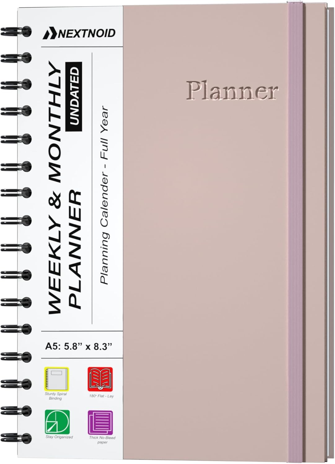 Undated Monthly and Weekly Planner - 12 Month Calendar Planner Notebook with Week Days - Hardcover Undated Planners Blank Agenda Book - A5 Pink