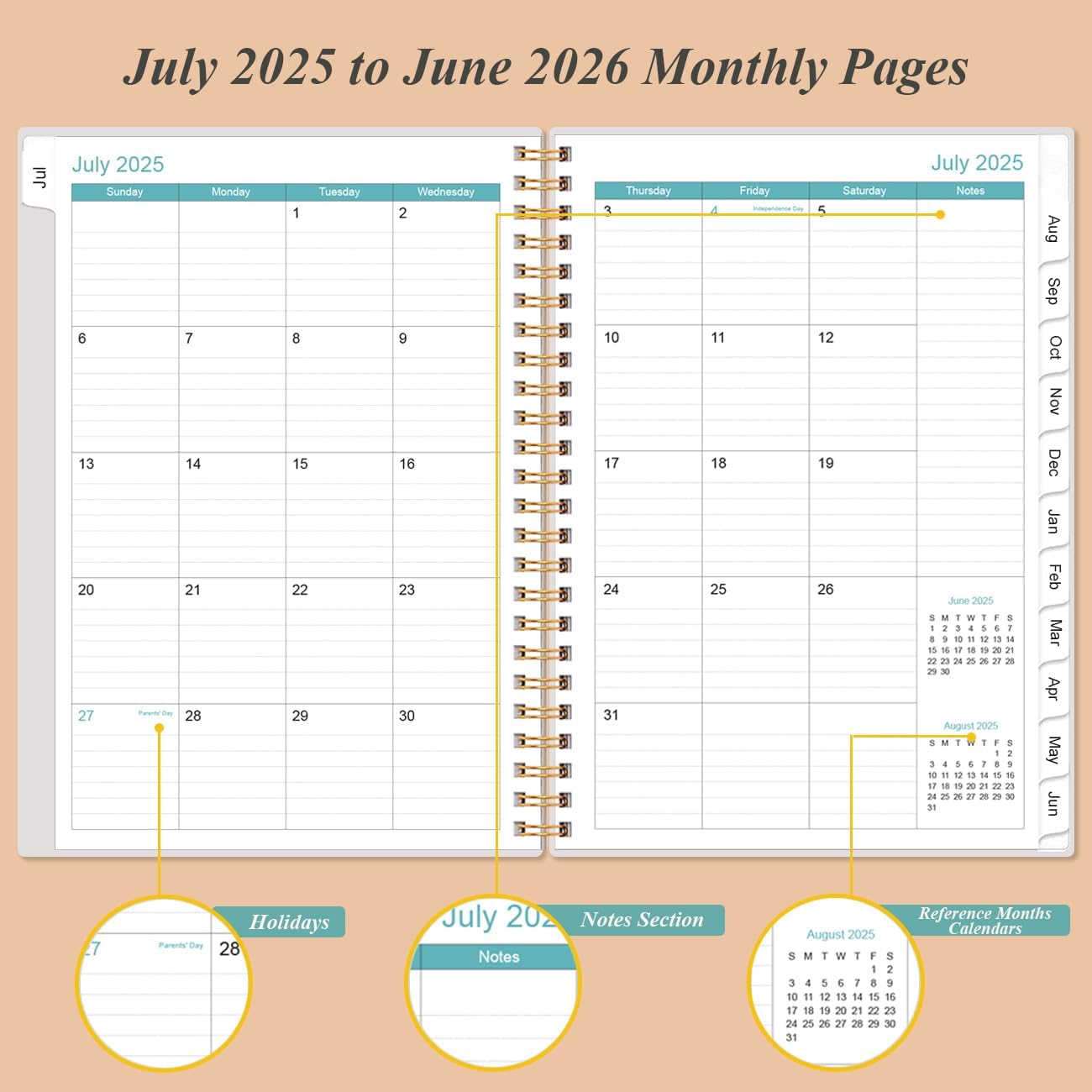 2025-2026 Planner - Academic Planner 2025-2026 from July 2025 - June 2026, Weekly & Monthly Planners Spiral Bound with 12 Monthly Tabs, Inner Pocket, 6.4" x 8.5", Rose