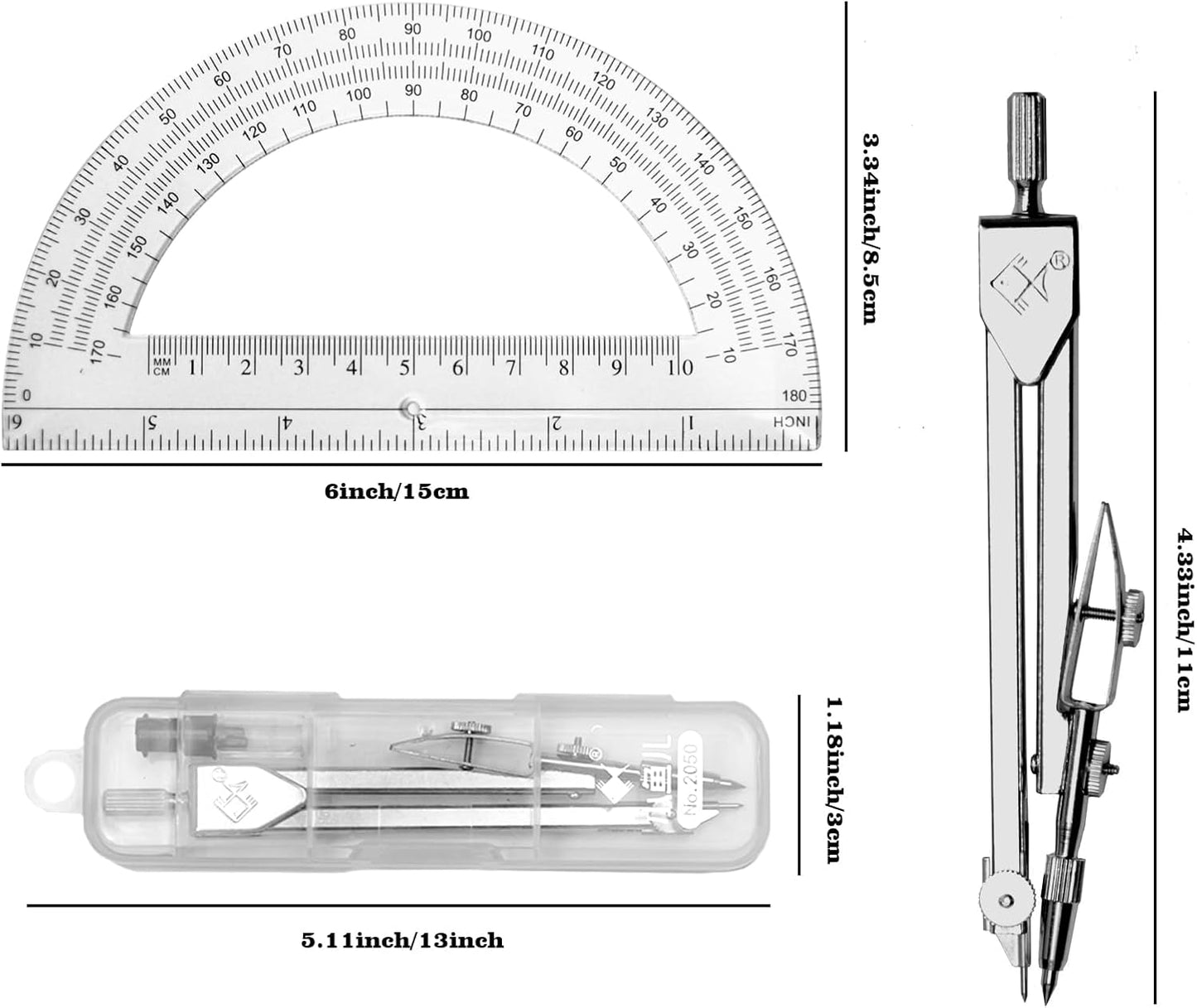 Students Geometry Math Set, Drawing Compass and 6 Inch Transparent Swing arm Protractor 180 Degree Math Protractor (Transparent)