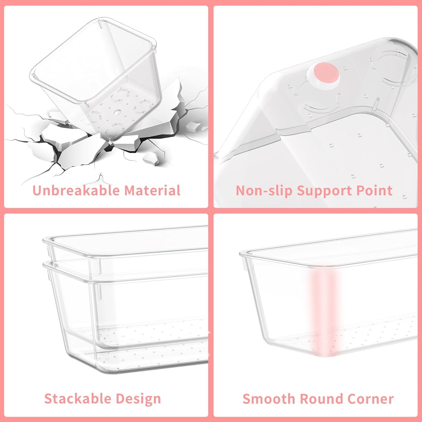 15 PCS Clear Plastic Drawer Organizer Set, 4 Sizes Versatile Bathroom Drawer Organization and Storage Trays, Non-Slip Desk Vanity Storage Bins for Makeup Jewelry Kitchen Utensil Gadget Office