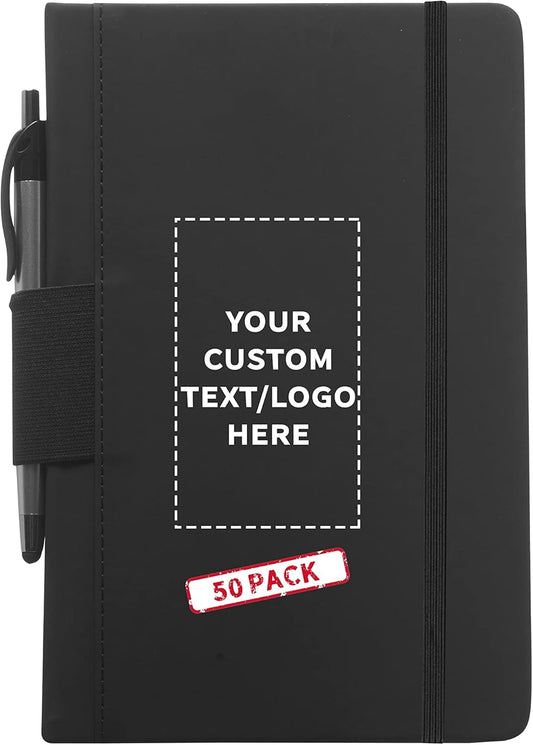 DISCOUNT PROMOS 100 Executive Notebooks with Pen Pack - Customizable Text, Logo - 6 x 8.5 inches, Recycled, Pen Loop, Closure Strap - Black