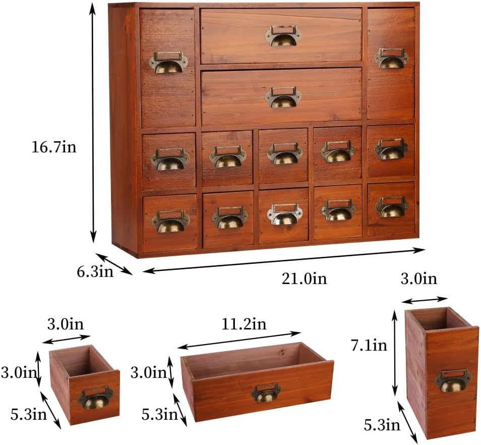 Apothecary Drawers Card Catalog Cabinet with 14 Drawers Wooden Card Catalog Wooden Storage Box for Desktop Organizer (Brown)