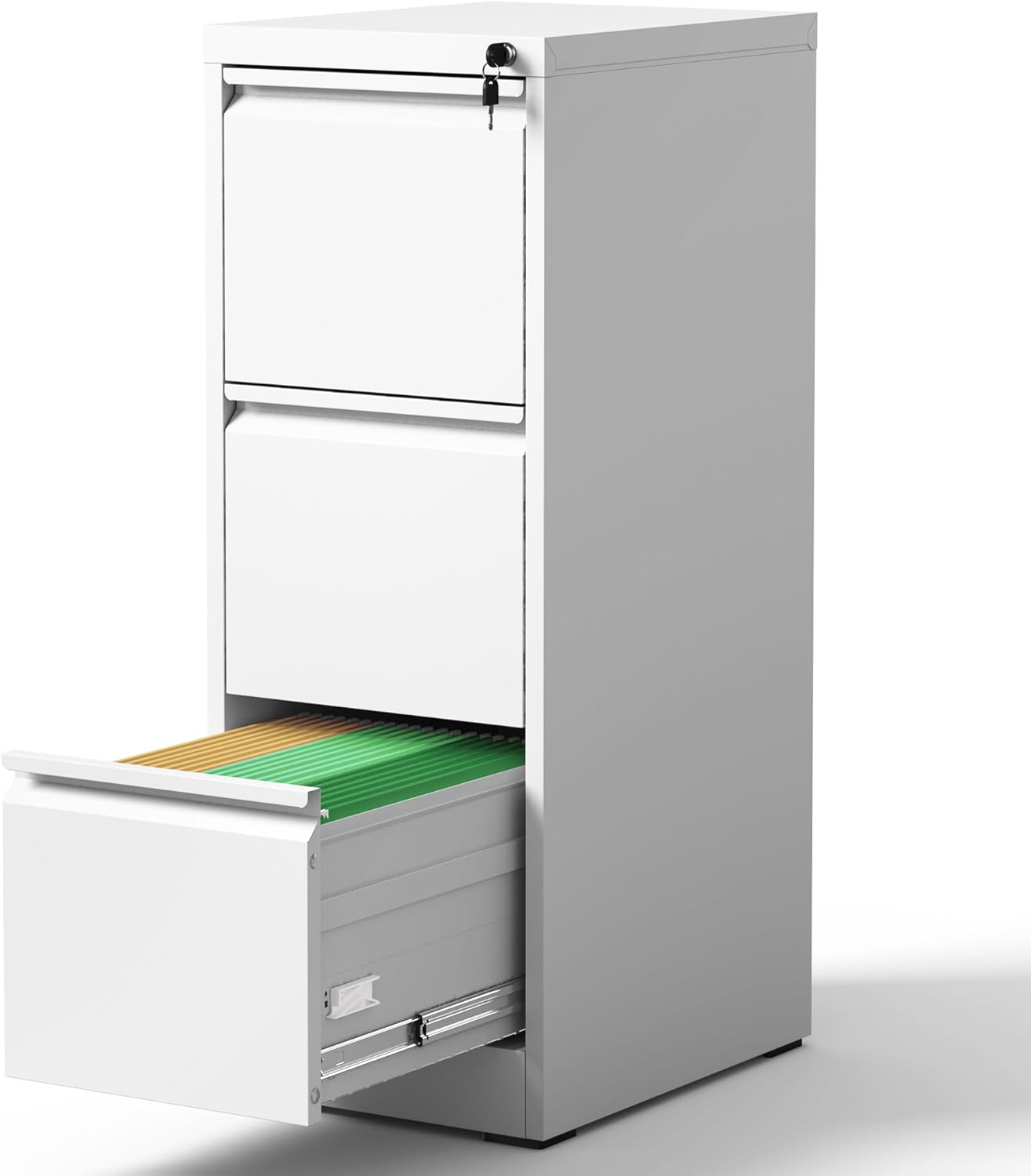 3 Drawer File Cabinet with Lock, Vertical File Cabinet with Lock, Locking File Cabinet Hanging Files for A4/ Legal/Letter,White