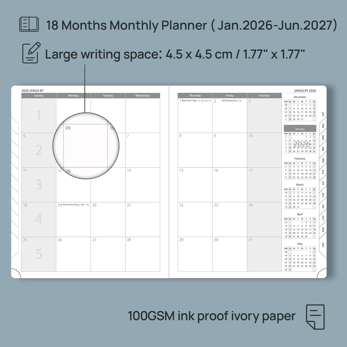POPRUN Monthly Planner 2026-2027 (Large- 8.5" x 10.5" Soft Cover), 18-Month Calendar Book (Jan.2026 - Jun. 2027), Calendar Planner with Monthly Tabs & Pocket, 100 GSM Paper - Purple